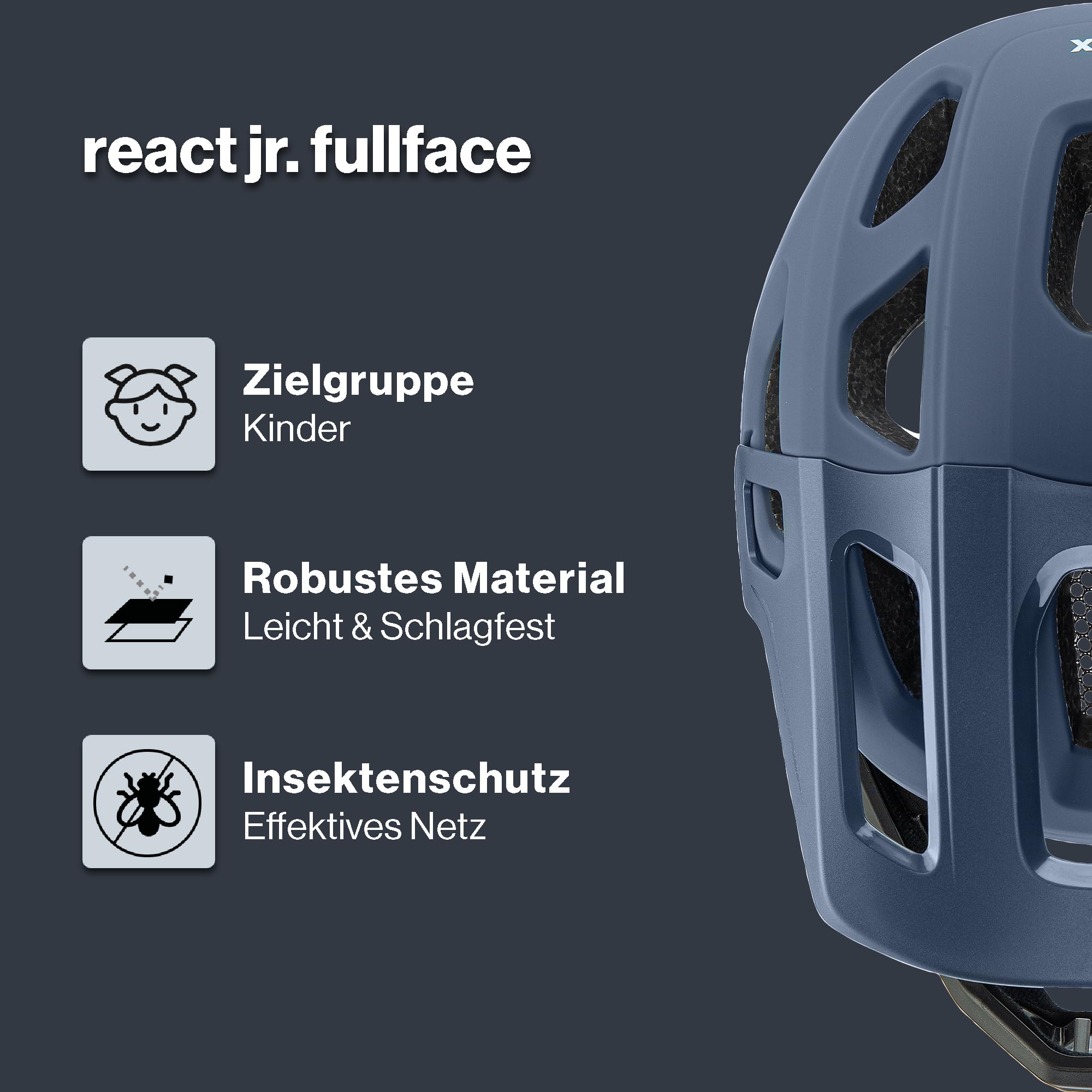 uvex React jr. fullface Kinderfahrradhelm, Dusk Blue matt, 52-56 cm | individuelle Größenanpassung - Polycarbonat-Schale mit EPS-Kern