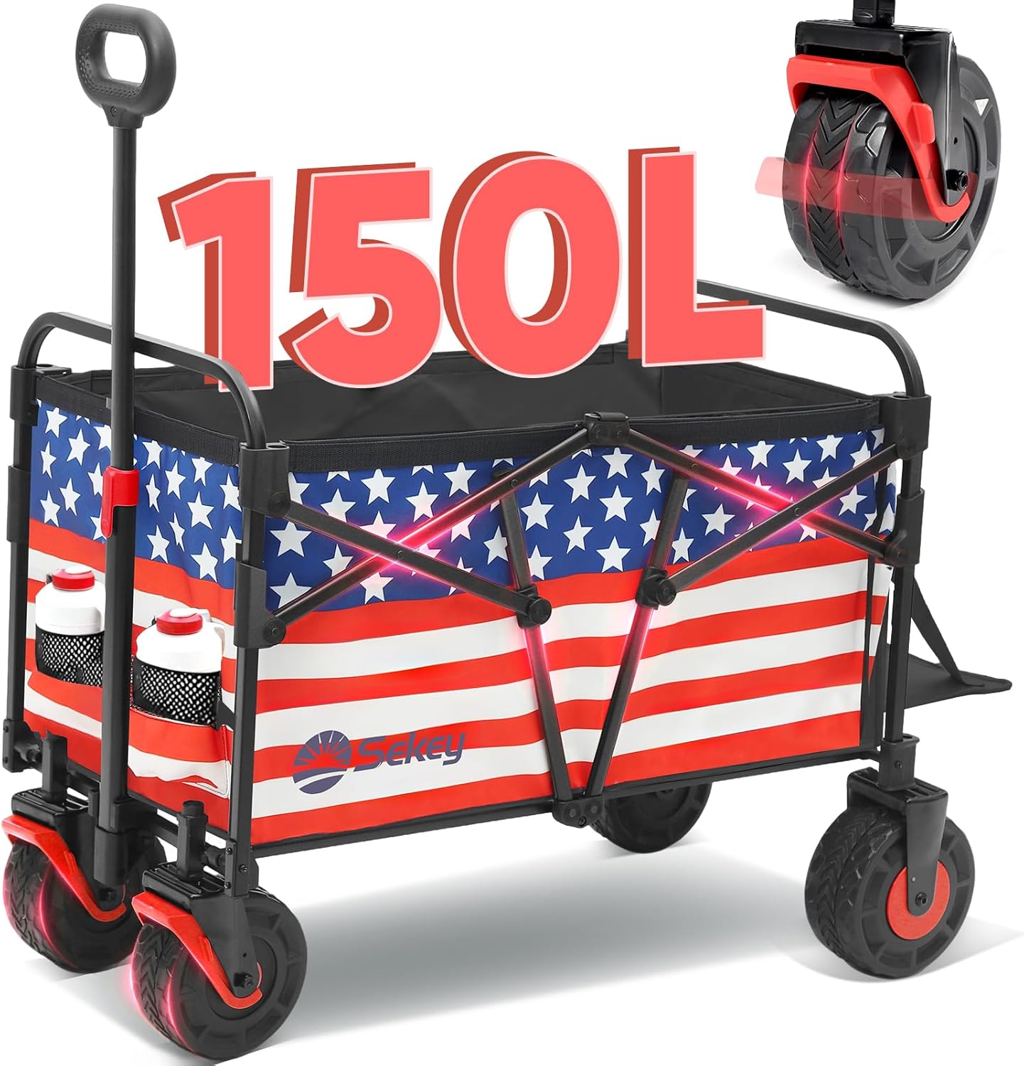 Sekey Wagon Cart with Big All-Terrain Beach Wheels, Collapsible Heavy Duty Extended Wagons with Taligate, Foldable Utility Carts for Camping, Garden, Outdoor, Grocery, Sports. The Star-Spangled Banner