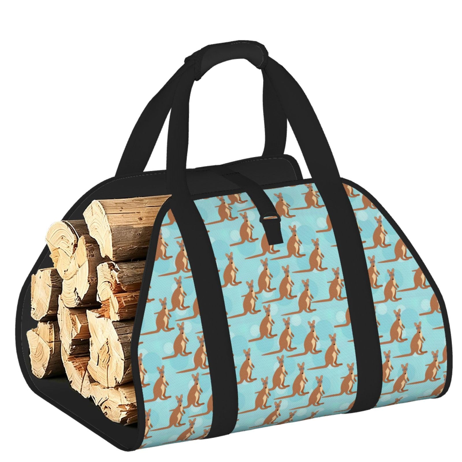 Ayyqwe Black Funny For Kangaroo Zoo Print Firewood Bag Wood Waterproof Versatile Camping Picnic Storage Daily Home