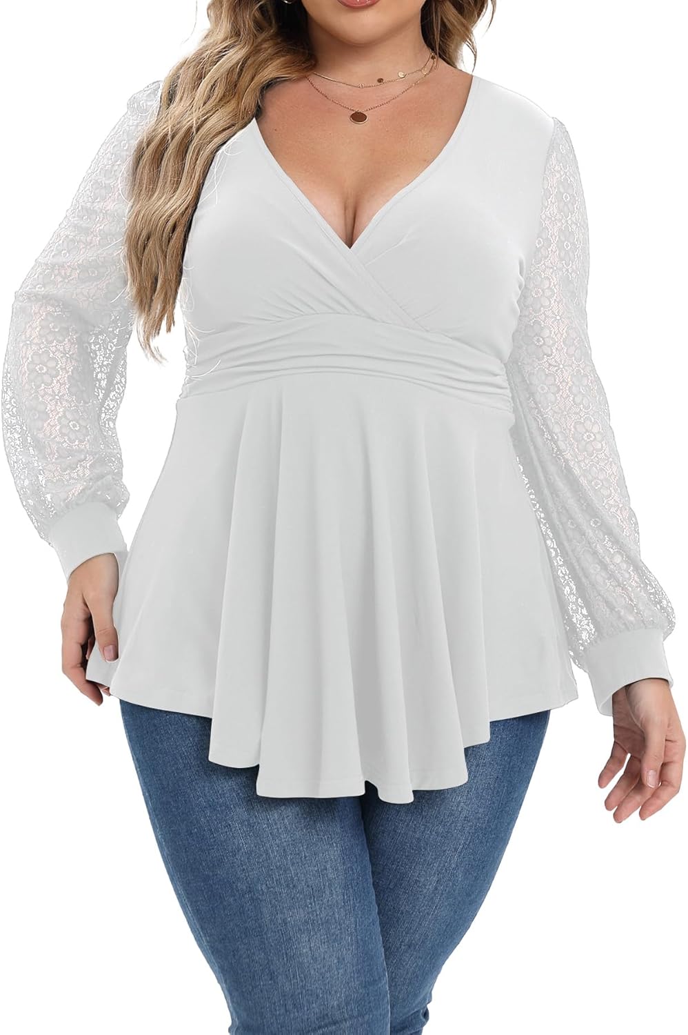 Plus Size Tops for Women Lace Long Sleeve Fall Shirts Casual Dressy Wrap V Neck Pleated Tunic Top - Image 2