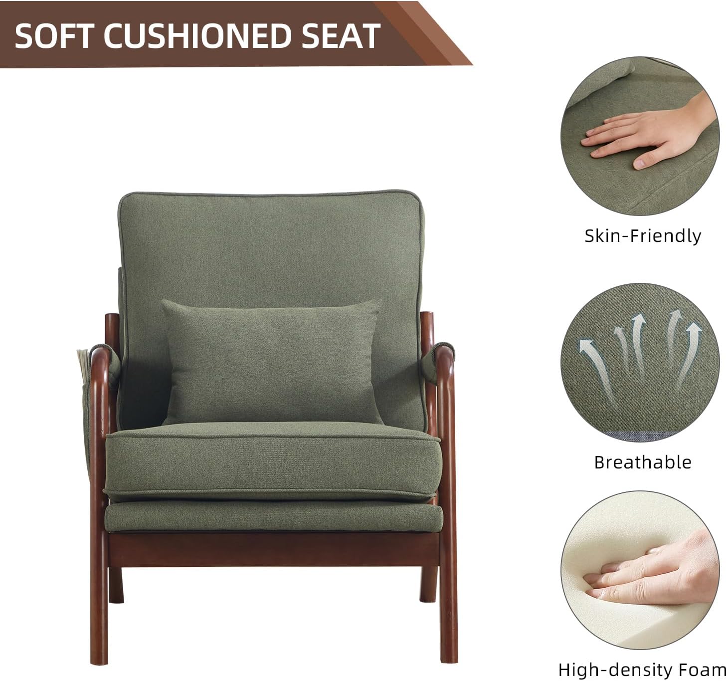 CANMOV Mid Century Modern Accent Chair with Extra Side Storage Pocket Upholstered Reading Armchair with Waist Cushion, Accent Chair for Living Room Bedroom, Easy Assembly, Green