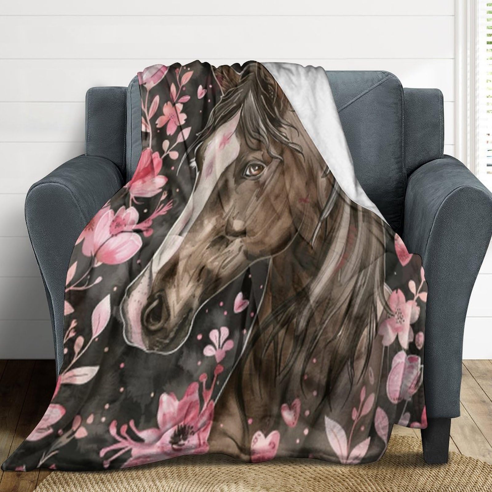 Plaid jeté de canapé imprimé cheval rose couverture flanelle microfibre chaude