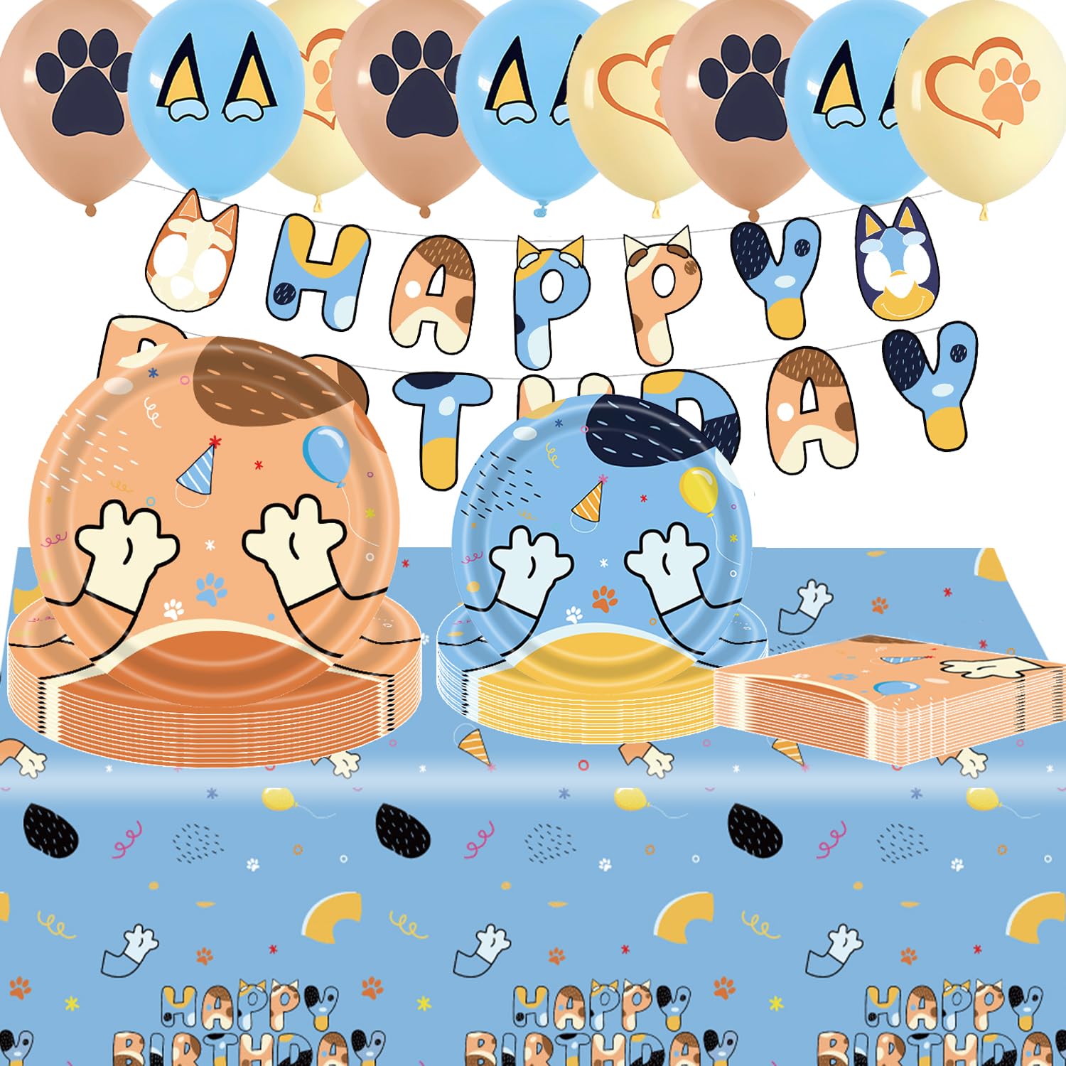WODCM 60 Pcs Blue Dog Birthday Decorations and Supplies Banner, Tablecloth, Balloons, Plates and Napkins Birthday Party Decorations