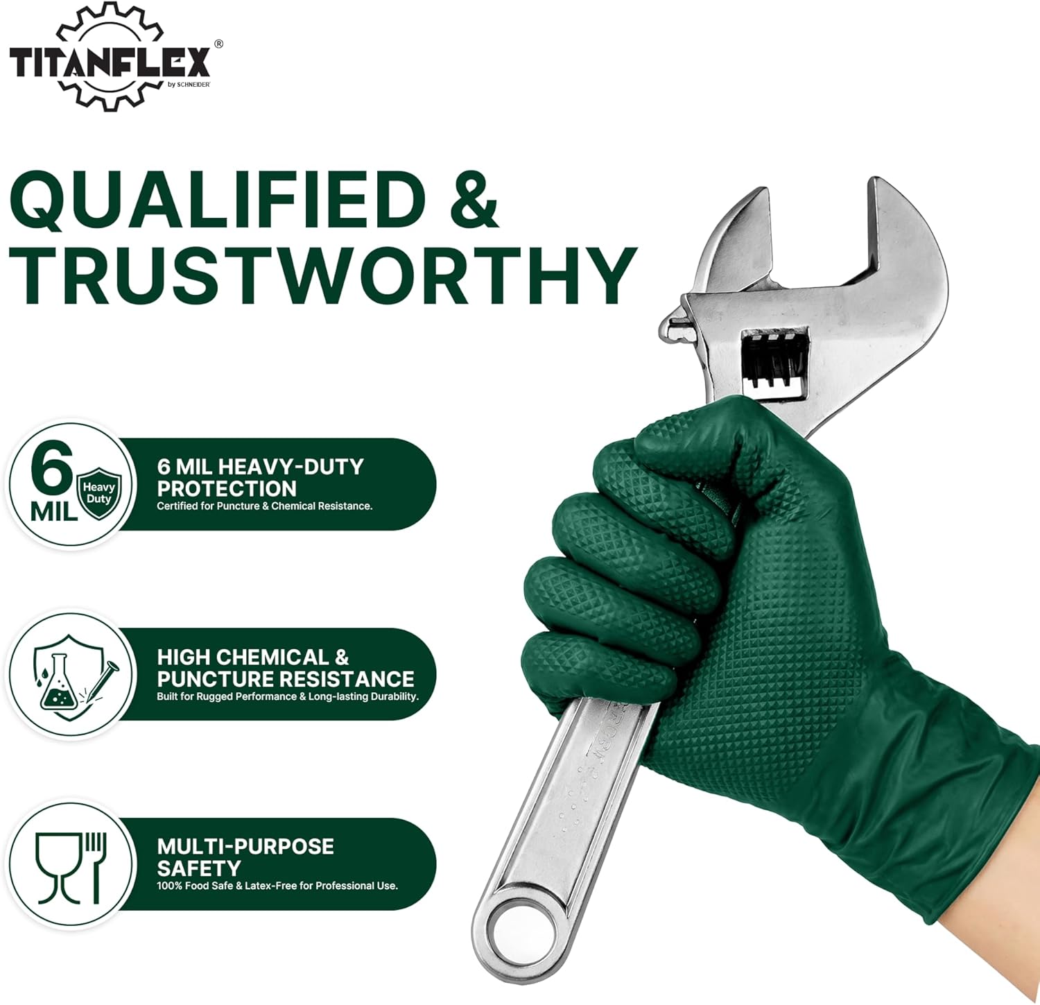 TitanFlex Heavy Duty Industrial Nitrile Gloves with Raised Diamond Texture, 6-mil, Latex Free (Dark Green)