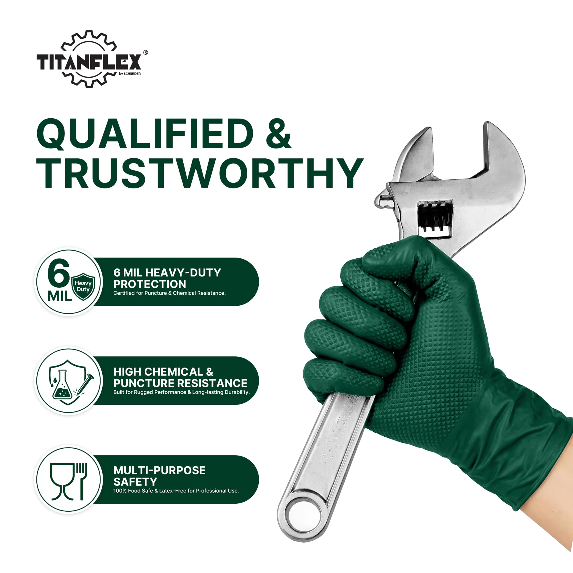 TitanFlex Strapazierfähige Nitrilhandschuhe, 6 mm, Dunkelgrün, erhöhte Diamantstruktur, Mechaniker-Einweghandschuhe, latexfrei, puderfrei, 100-karätige Box, Größe L