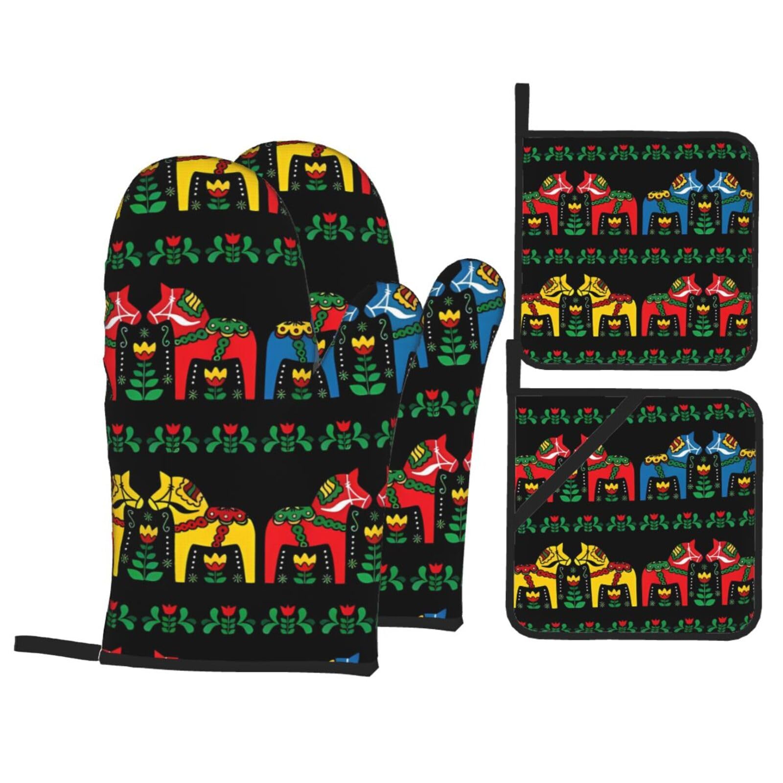 YYHHAOFA Runner Swedish Dala Horse Folk Prints Kitchen Baking Set with Heat Resistant Pot Holders & Oven Mitts - Waterproof Layer for Hot Dishes, Grill & Microwave