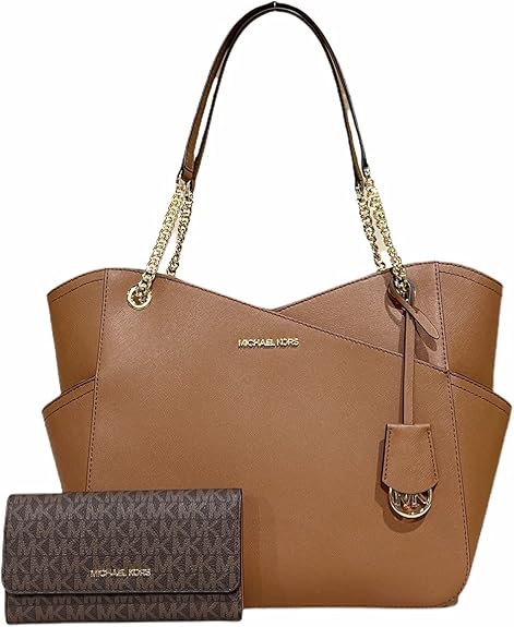 MICHAEL Michael Kors Jet Set Travel Large Chain Shoulder Tote bundled with Michael Kors Jet Set Travel Trifold Wallet in Luggage (Brown MK 2021)