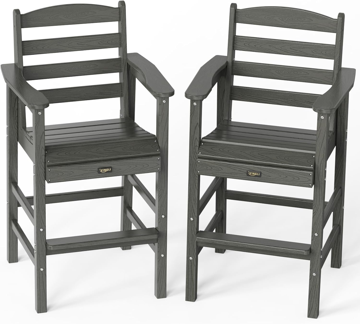 VINGLI Outdoor Bar Stools Set of 2, HDPE All-Weather Patio Bar Height Chairs Heavy-Duty Tall Adirondack Chairs for Backyard, Porch, Balcony and Poolside (Gray)