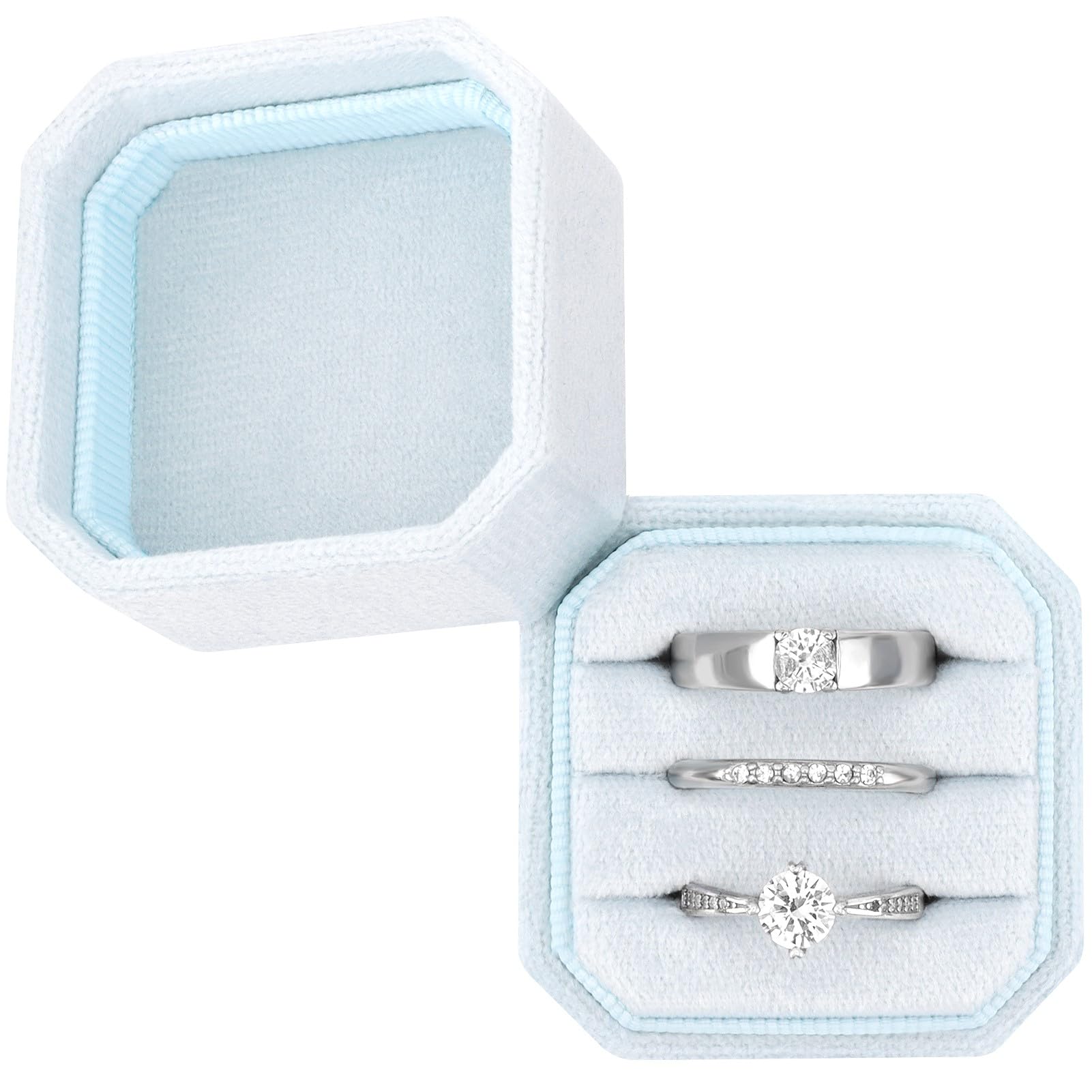 DesignSter Velvet Ring Box - Square, 3 Slots, Premium Wedding & Engagement Proposal Ring Bearer Box (Light Blue)