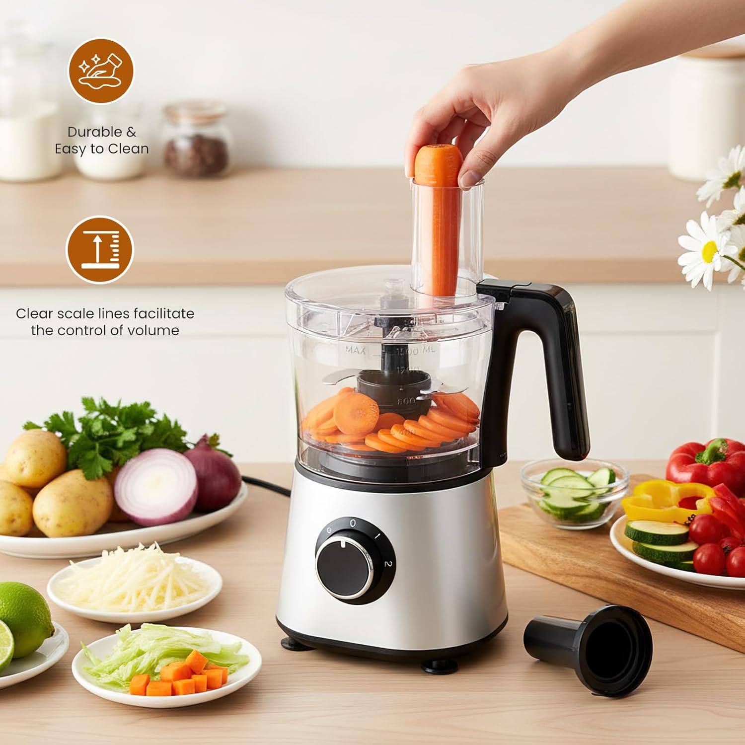 300W Food Processor Blender Combo: 6 Cup/1.5L Glass Jar, 2 Speeds, Sharp Blades, Safety Lock & Dough Tool for Vegetable, Meat, Puree