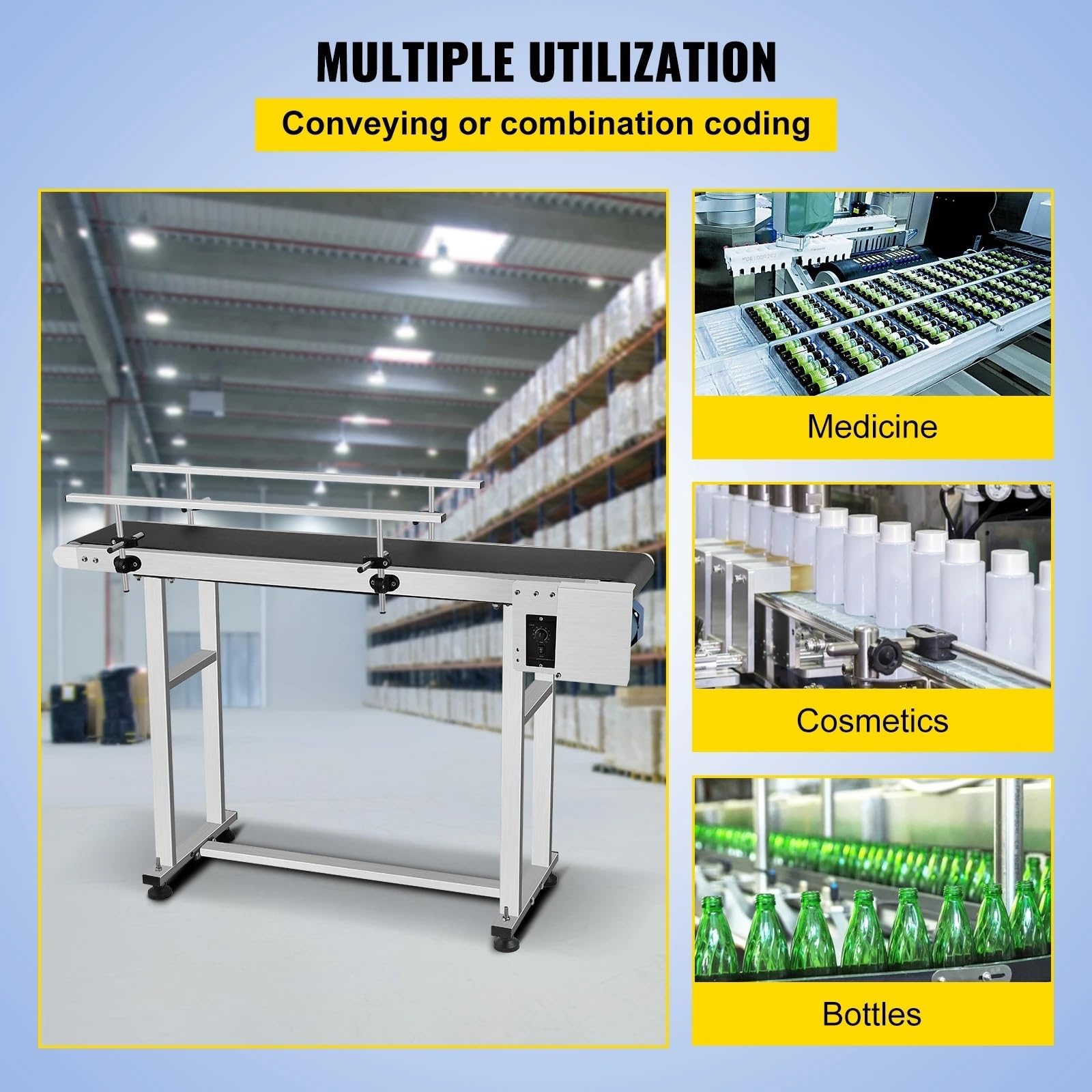 Correa Alternadora Máquina Cinta Transportadora PVC 150 Cm 59" X 78" Con Barandilla Ajustable Acero Inoxidable Para Industrial Eléctrico Automático(Single Guardrail)