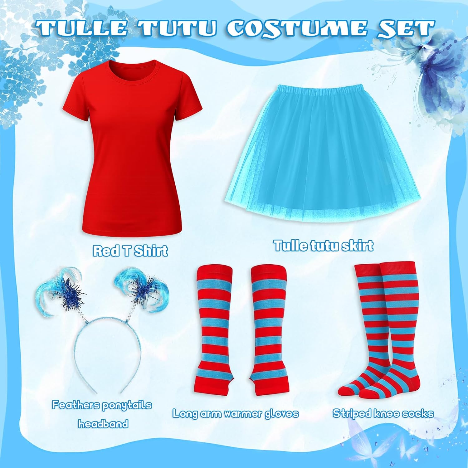 5 Pcs Tulle Tutu Costume Accessories Set Women T Shirt/Striped Socks/Tutu Skirt/Blue Headband/Stretchy Gloves - Image 2