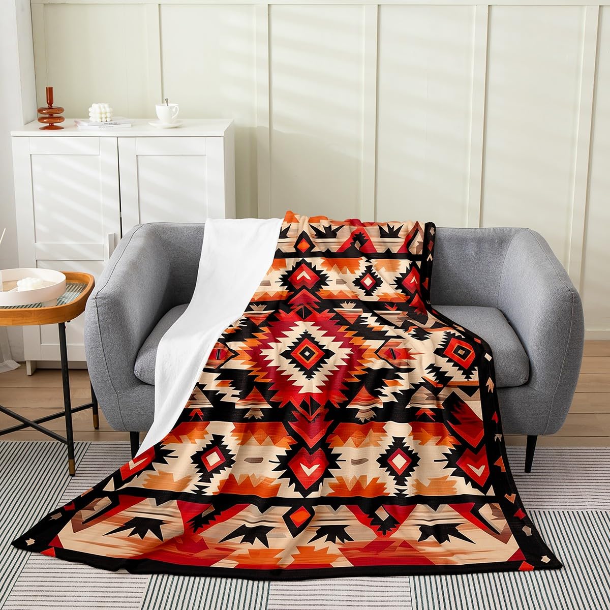 Feelyou Boho Plush Throw Blanket Throw 50"x60" Southwest Native American Design Flannel Fleece Blanket Southwestern Geometric All Season Bed Blanket