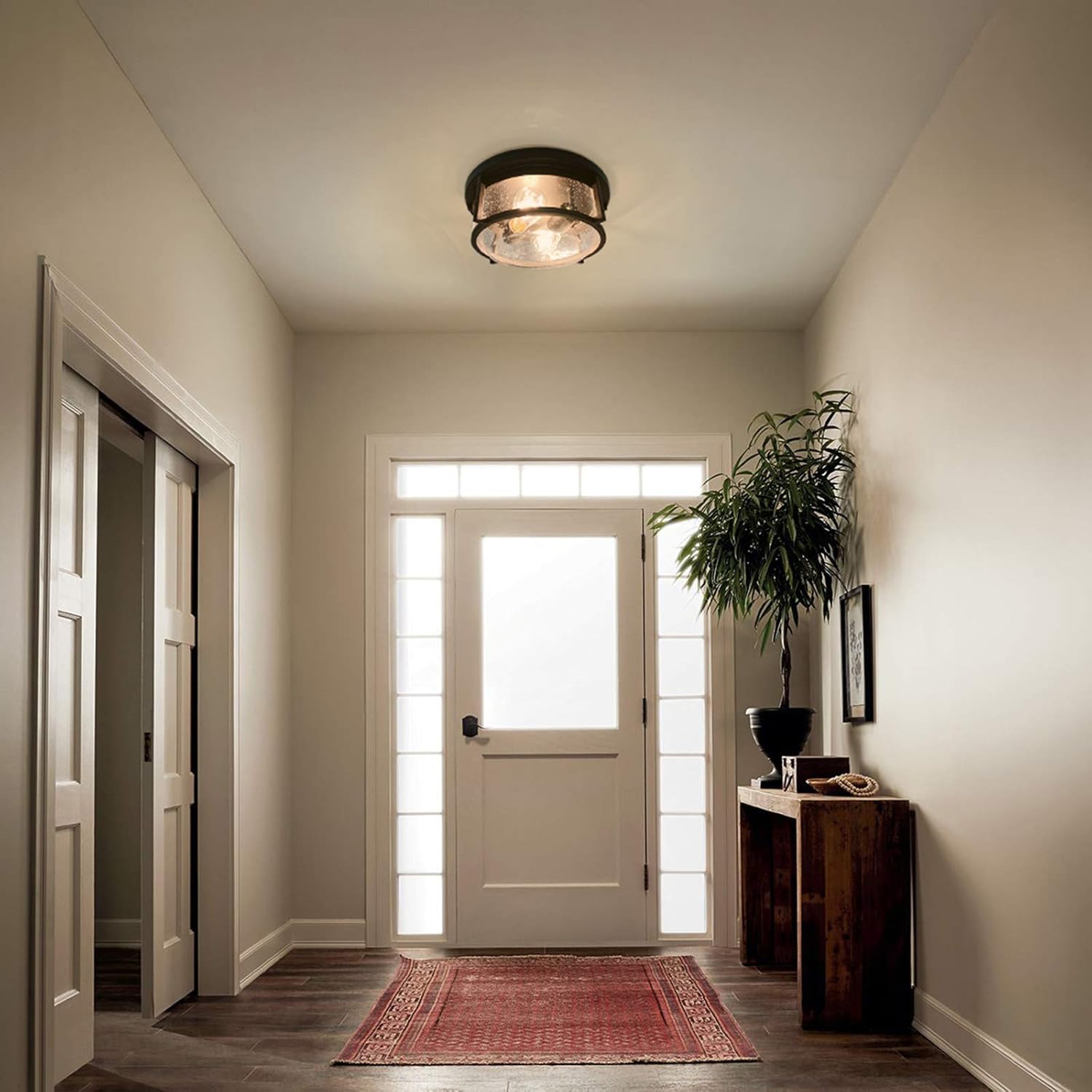 hykolity 2-Light Outdoor Indoor Ceiling Light, Flush Mount Bathroom Ceiling Light Fixtures, Black Finish W/ Seeded Glass Shade for Porch, Entryway, Bedroom, ETL Listed (Bulb not Included) - - 