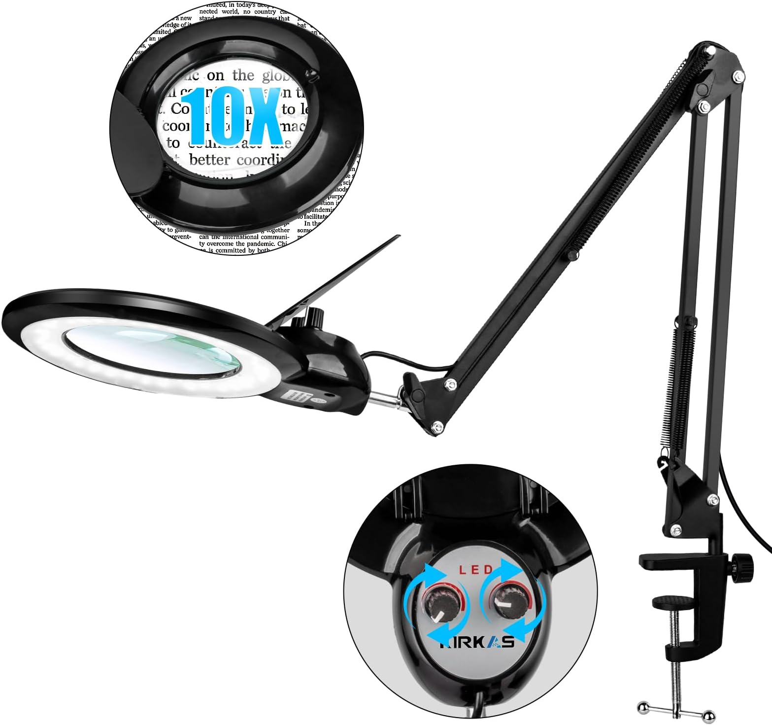 KIRKAS 10X Magnifying Glass with Light and Clamp, LED Magnifying Lamp, 2200 Lumen Any Color Modes and Stepless Dimming, Real Glass Lens Magnifier Light for Crafts, Reading, Sewing, Close Work- Black