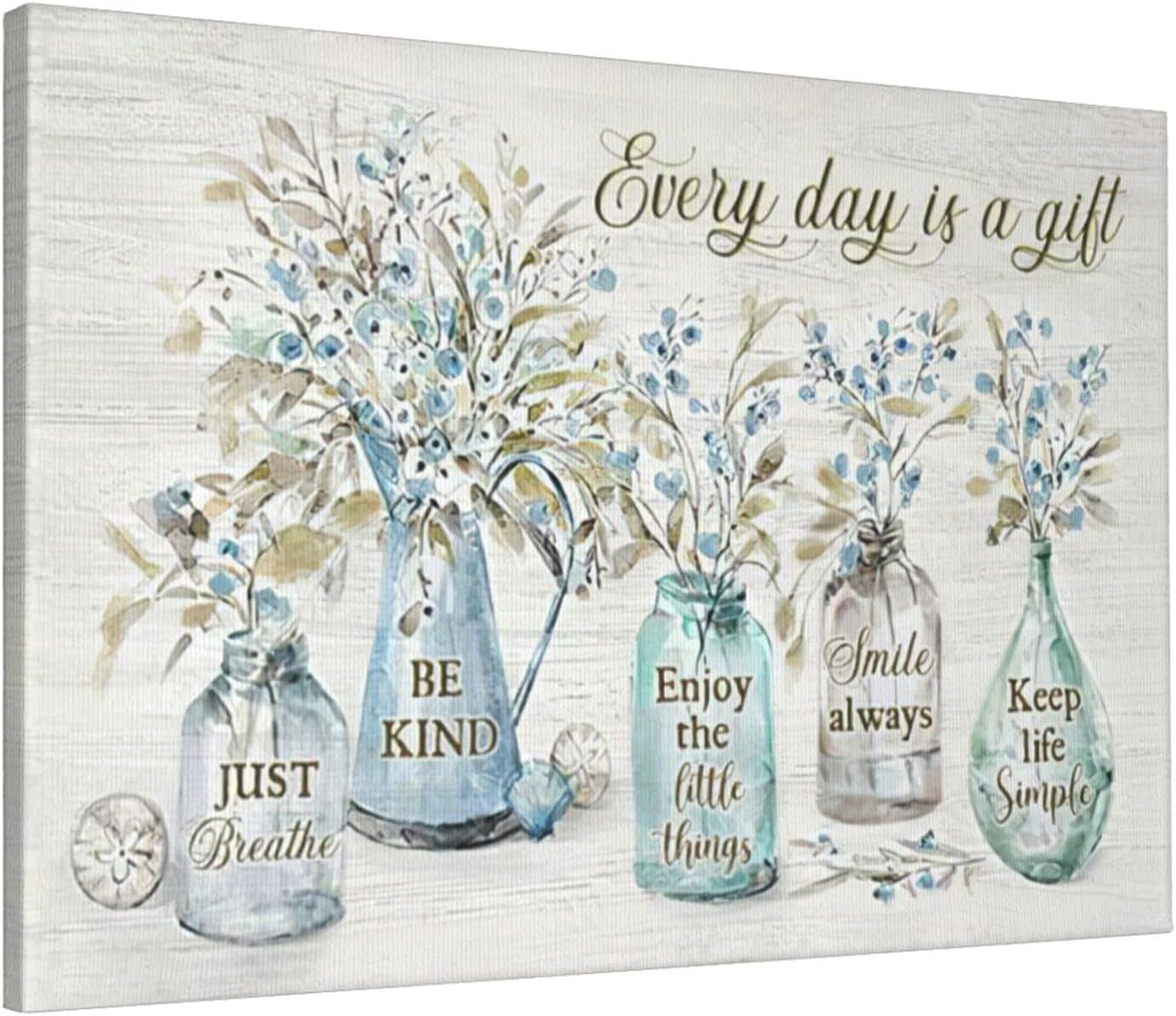 shuweienphant rustic farmhouse bathroom wall art flower pictures decor inspirational quotes canvas painting print every day is a gift artwork modern home framed for living room bedroom 16''x24'' flower7 24"l x 16"w