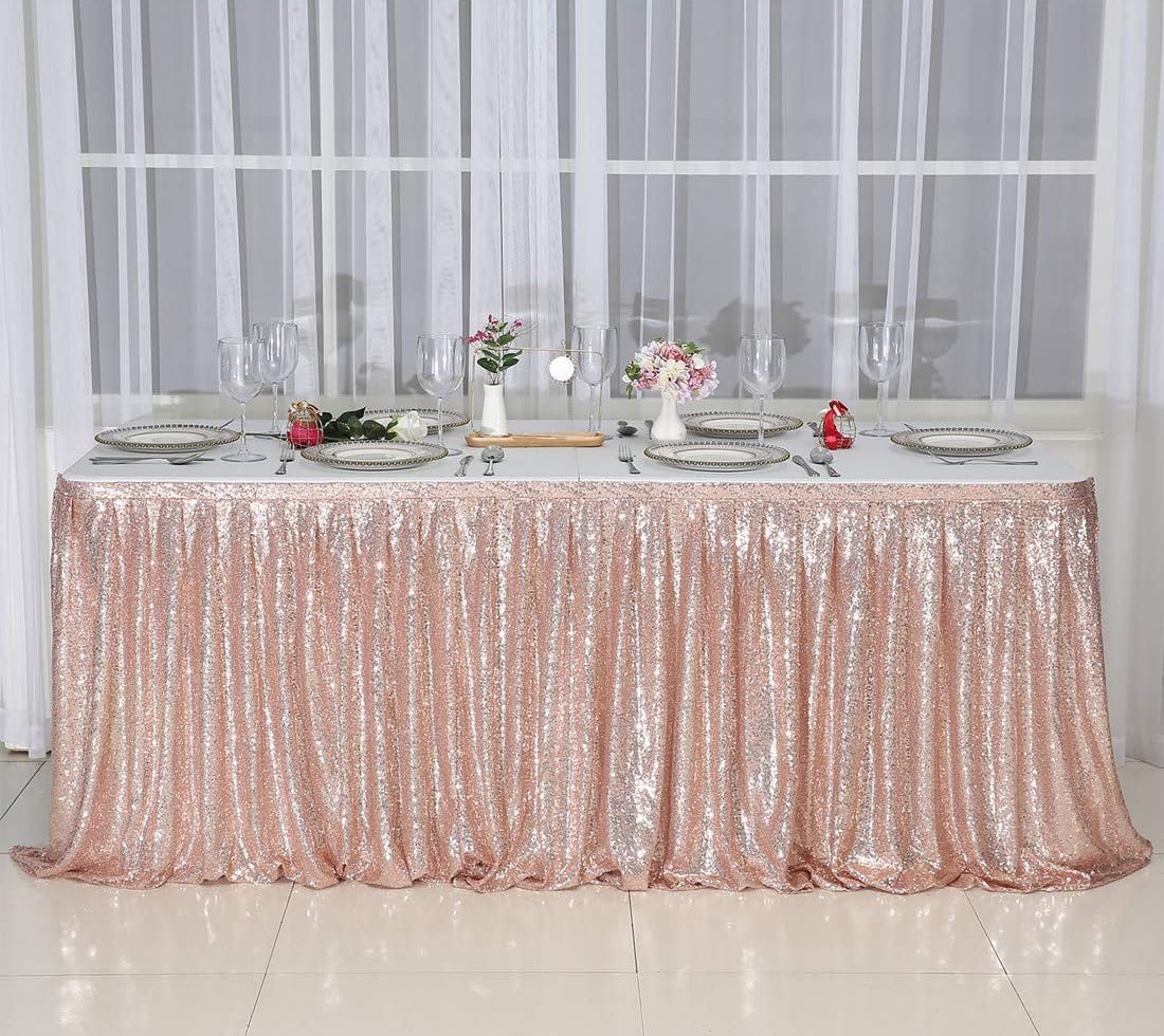 Juya Delight Sequin Table Skirt Rectangle Round Table Cover for Party Wedding Baby Shower Decoration（Rose Gold，L 14(ft) * H 30in ）