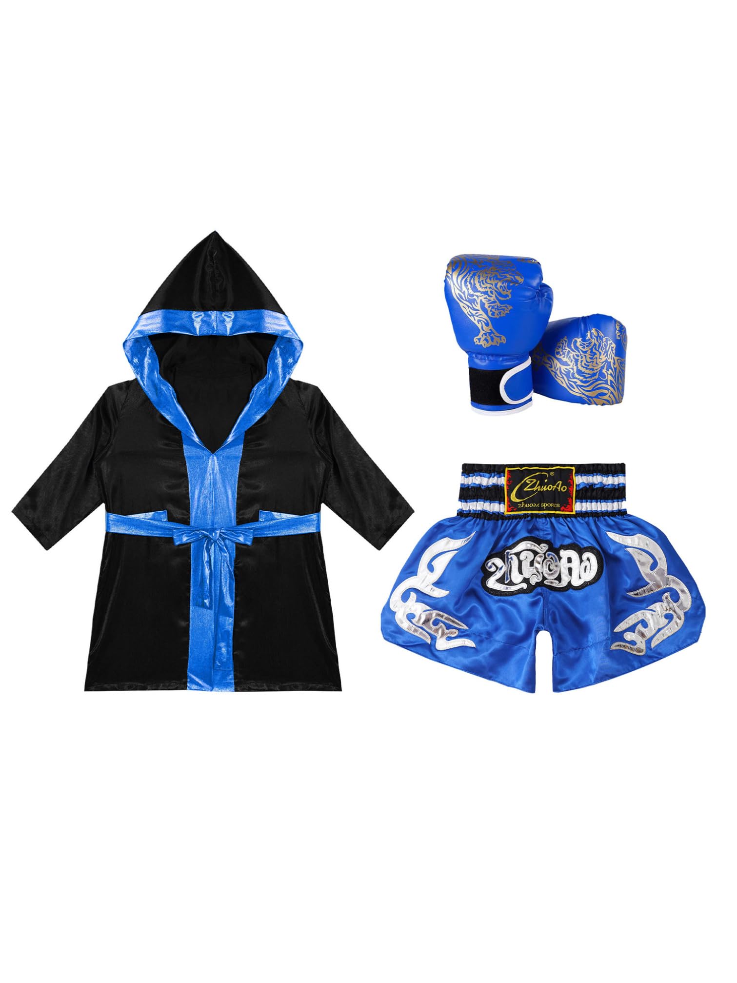 iiniim 3 szt. dziecięca odzież bokserska dla chłopców kickboxer płaszcz szata + szorty bokserskie + rękawice bokserskie dres treningowy MMA bokserki Muay Thai odzież