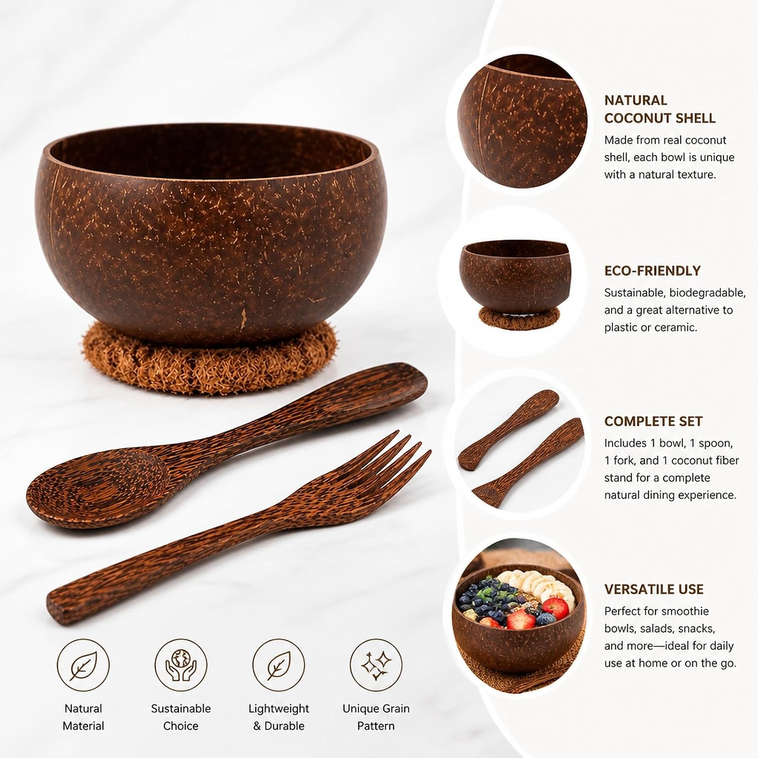 4PCS Coconut Bowl Set with Wooden Spoon and Fork for Dining, Home Decor