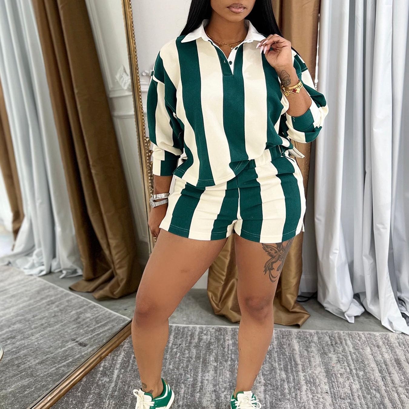 Women's Summer Tracksuits 2 PCS Striped Color Block Lapel Neck Button Long Sleeve Top Elastic Waisted Shorts Set