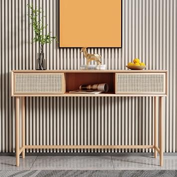 Console Table for Entryway Rattan Console Table with 2 Drawers, Wood Entryway, Narrow Long Sofa, Foyer Hallway Behind Couch for Living Room Sofa Table(Large)