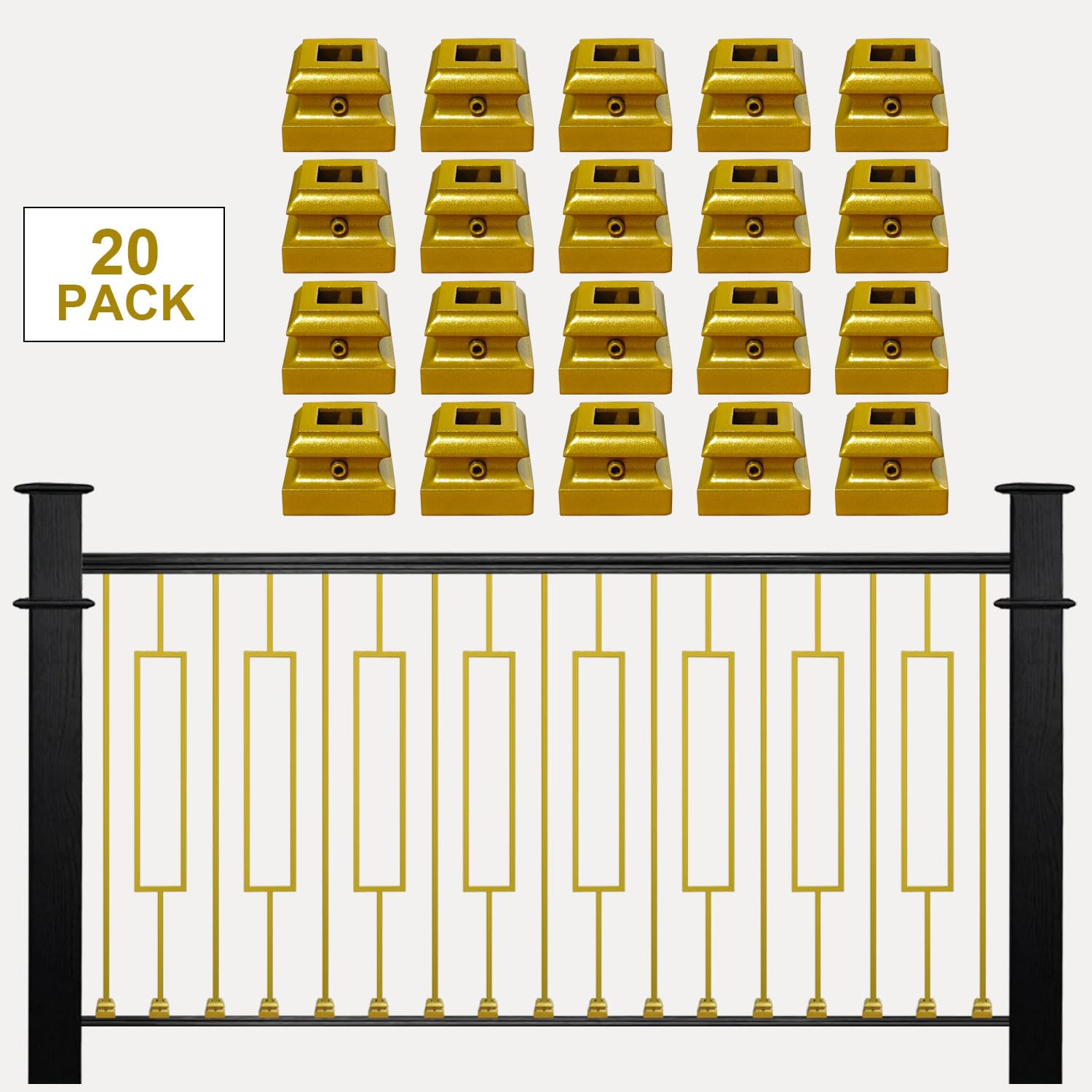 20 Pack Glossy Gold Iron Baluster Flat Shoes, Stair Shoe with Screw for 1/2" Square Balusters, Upgrade and Decorate Stairs