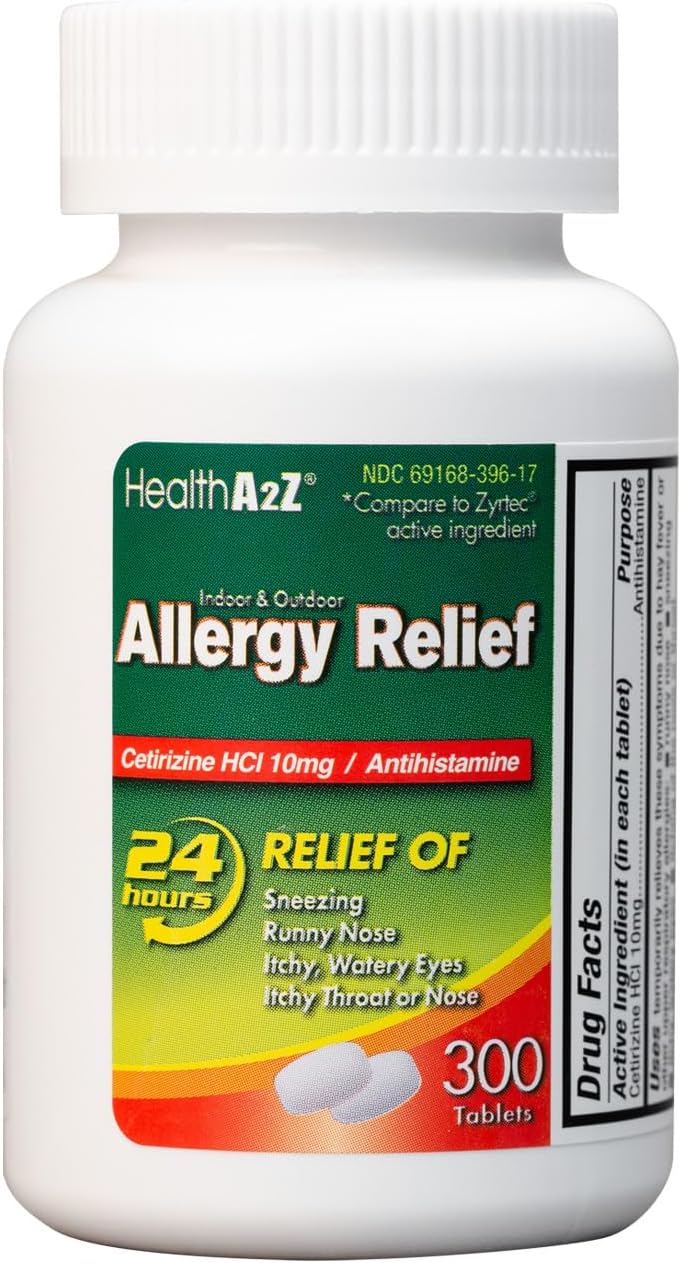 Allergy Relief, Cetirizine 10mg, Dye Free, All Day Allergy Relief, Indoor & Outdoor, Relief from Itchy Throat, Sneezing, Runny Noses, 300 Count (Pack of 1),