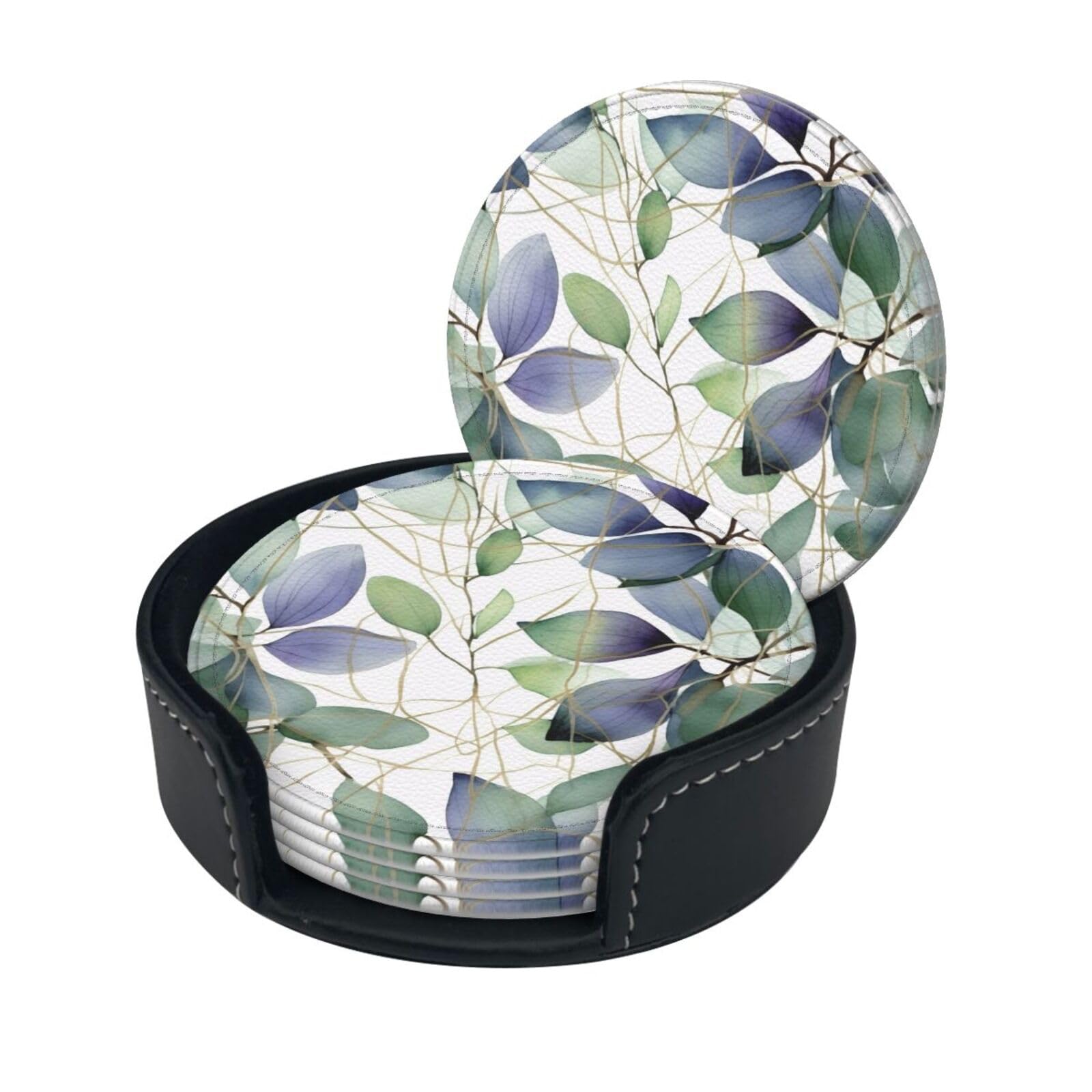 Smazdfxx Women's As Pic Stylish Coasters - Green Eucalyptus Leaves Set Of 6 Round Leather Drink Coasters With Holder - Perfect Size For Cups And Glasses