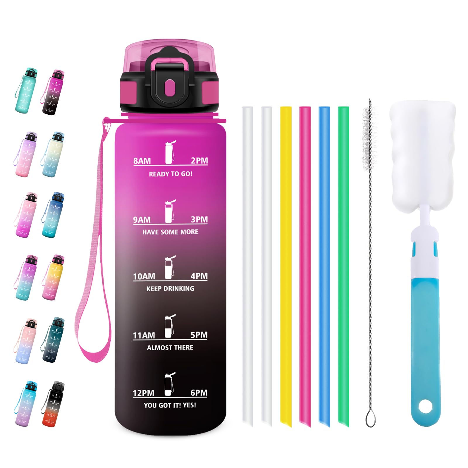 JAPORIA Water Bottle, 1 Litre, Sports Bottle with Straw, Suitable for Carbonated Drinks, Water Bottle with Time Marking for Fitness, Camping, Bicycle