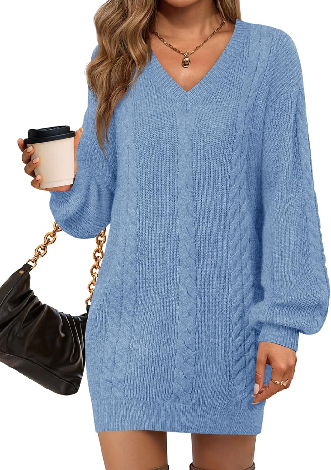 Saodimallsu Womens Oversized Mini Sweater Dress Casual V Neck Cable Knit Long Lantern Sleeve Fall Tunic Pullover Sweaters