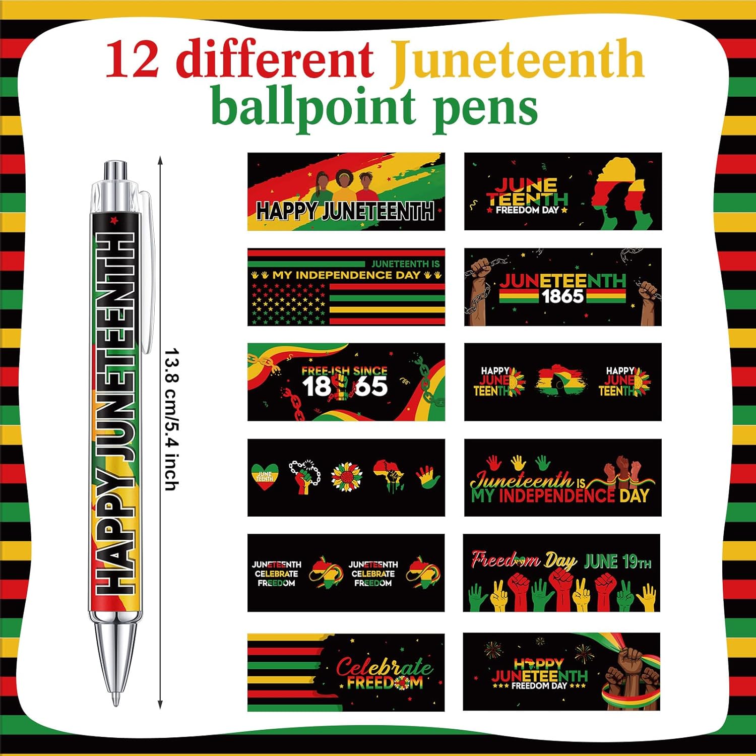 Cholemy 48 Pcs Juneteenth Pens Bulk Happy Juneteenth Day Ballpoint Pens Freedom Day Pens Black Americans Independence 1865 Theme Pens for African Afro American Juneteenth Holiday Party Supplies