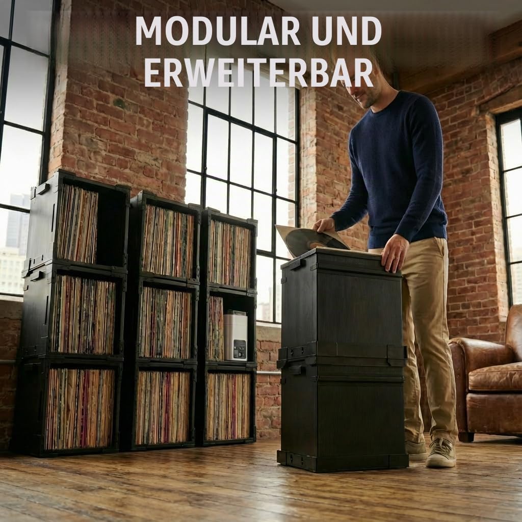 HumminGuru FlexiCube Schallplatten-Aufbewahrungsbox – Stapelbarer Organizer für 12-Zoll-Schallplatten, Platz für 70 LPs | Modulares Vinyl-Regal und Zusammenklappbare Aufbewahrungskiste (1 Würfel)