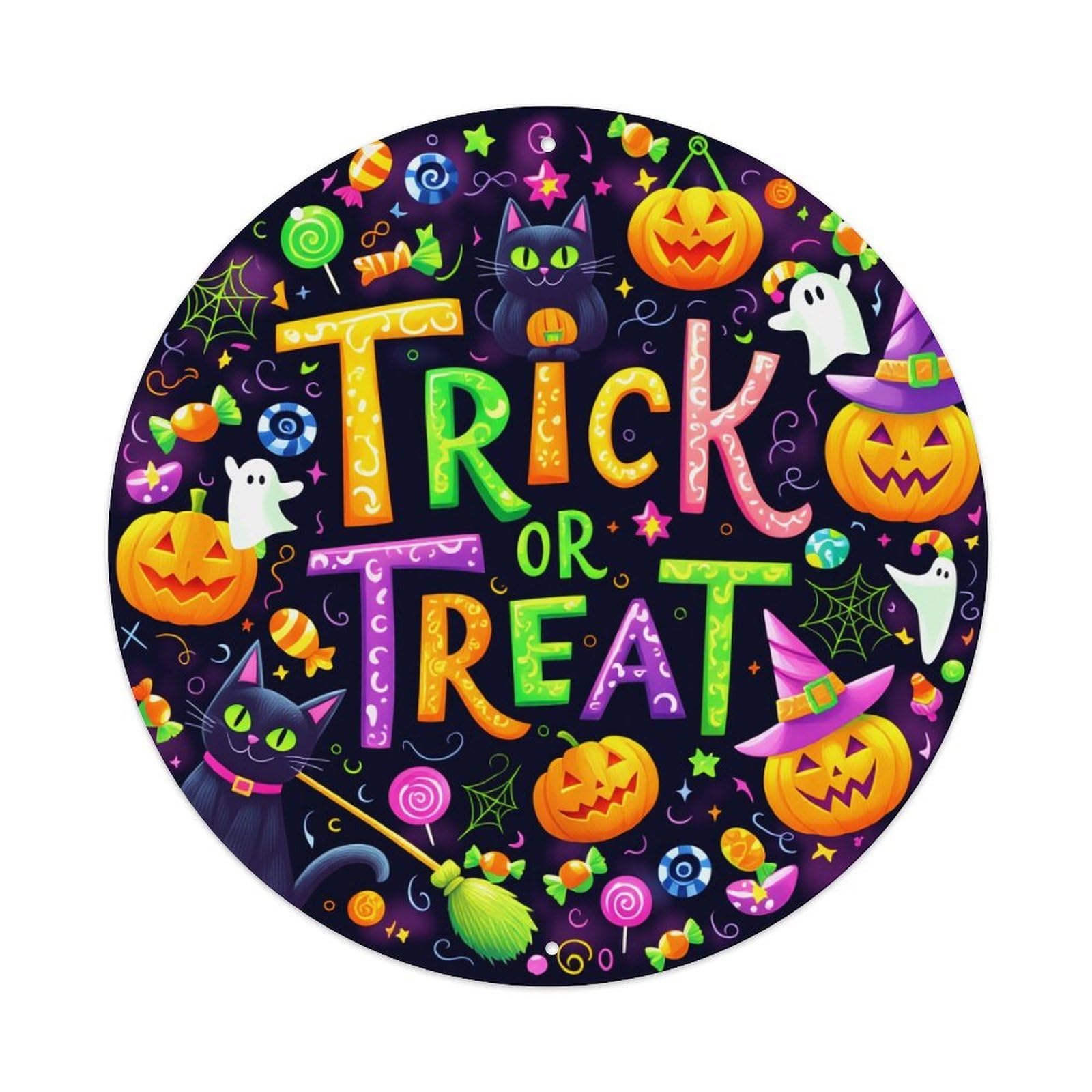 Trick Or Treat Halloween Pattern Round Tin Sign Retro Metal Sign for Cafe Bar Pub Home Game Room Gym Club Wall Decoration Vintage Metal Poster 8x8 Inch