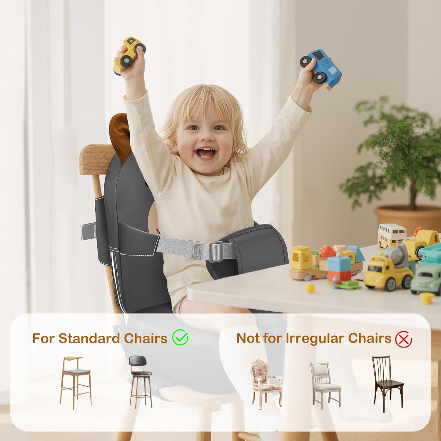 booster seat for kitchen chair, toddler kids booster seats for dining table with backrest and adjustable strap, portable pu waterproof travel baby booster increasing cushion (dark grey, onesize) onesize dark grey