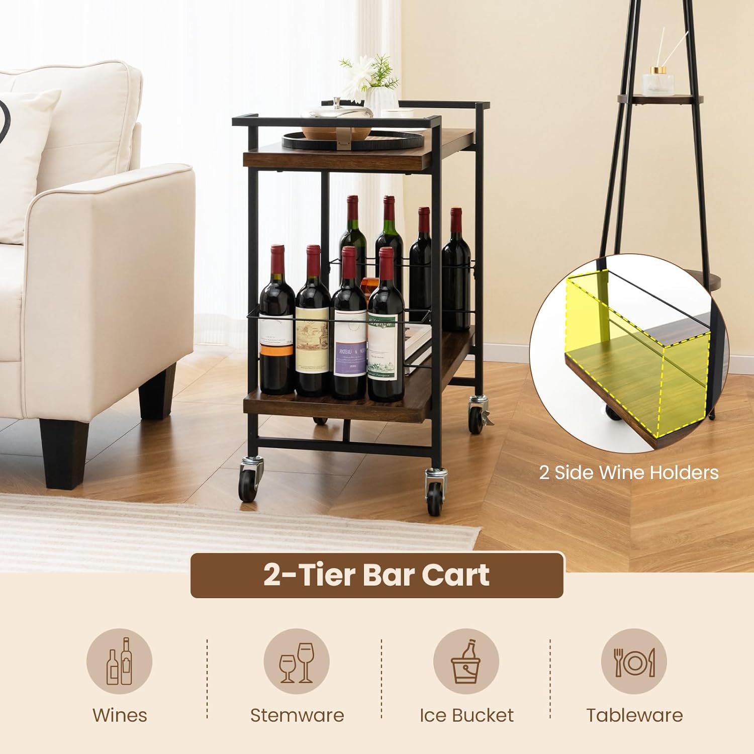 Giantex Bar Cart, 2-Tier Industrial Home Bar Serving Cart with Wheels, Rolling Kitchen Beverage Cart with Wine Bottle Holder Rack for Kitchen Dining Living Room Party, Rustic Brown