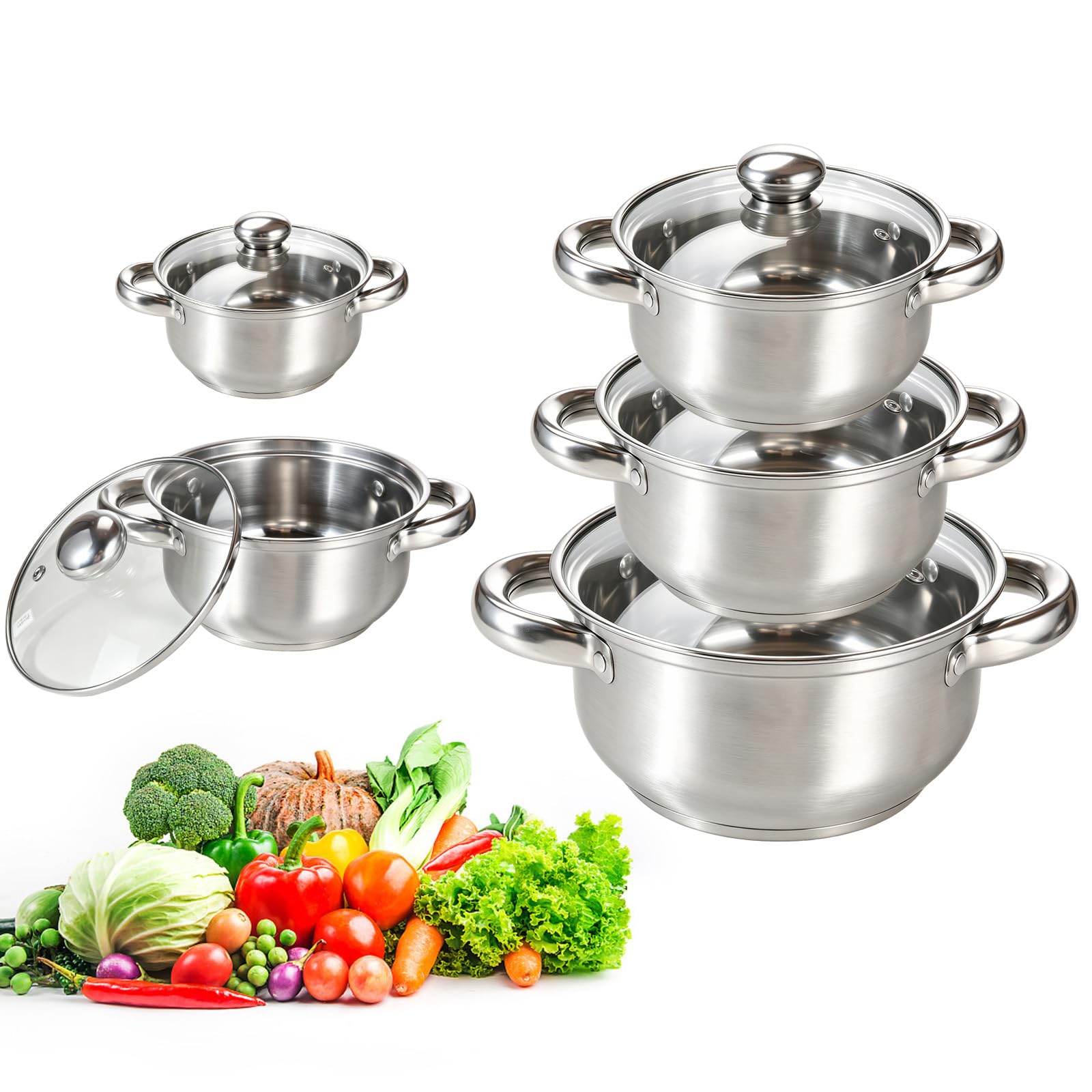 Set 5 Pentole Induzione Acciaio Inox Coperchi Vetro Forno Lavastov | Compatibile Tutti Piani Cottura, Coperchi Vetro Trasparenti, Manici Ergonomici Antiscottatura, Distribuzione Calore Uniforme