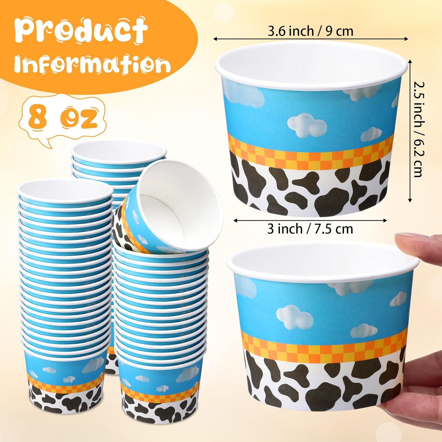 Jingmore 100 Pcs Paper Ice Cream Cups Bulk 8 oz Disposable Dessert Bowls for Hot or Cold Food Snack Treats Gift for Birthday Summer Party Favor Decoration(Cartoon)