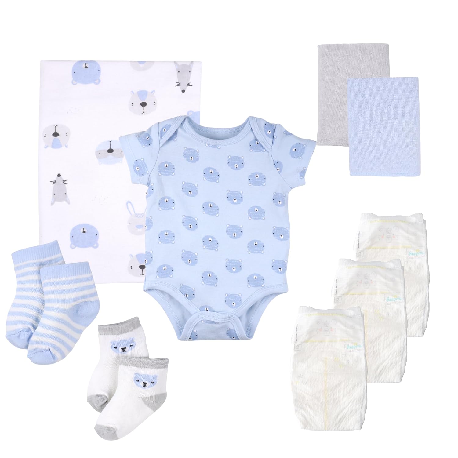 Baby Boy Gift Set- Handmade Baby Blossom® 9 Piece Layette Bouquet - New Mom Shower Gift (Blue)