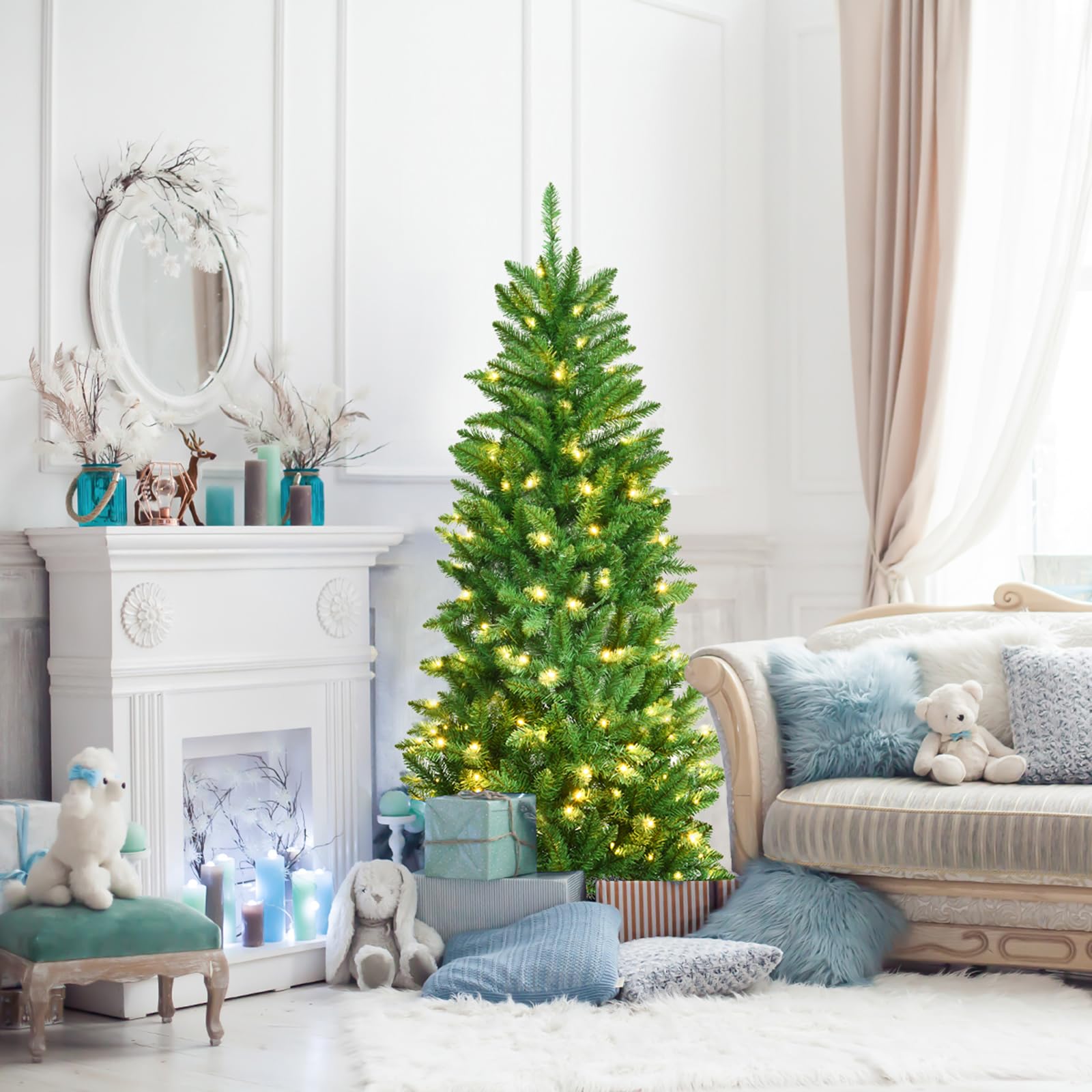 COSTWAY Albero di Natale Slim 150/180/210 cm, Albero di Natale con 150/250/350 Luci LED, 300/743/995 Rami Folti e Base di Metallo, Decorazione Natalizia per Casa e Ufficio (150cm)
