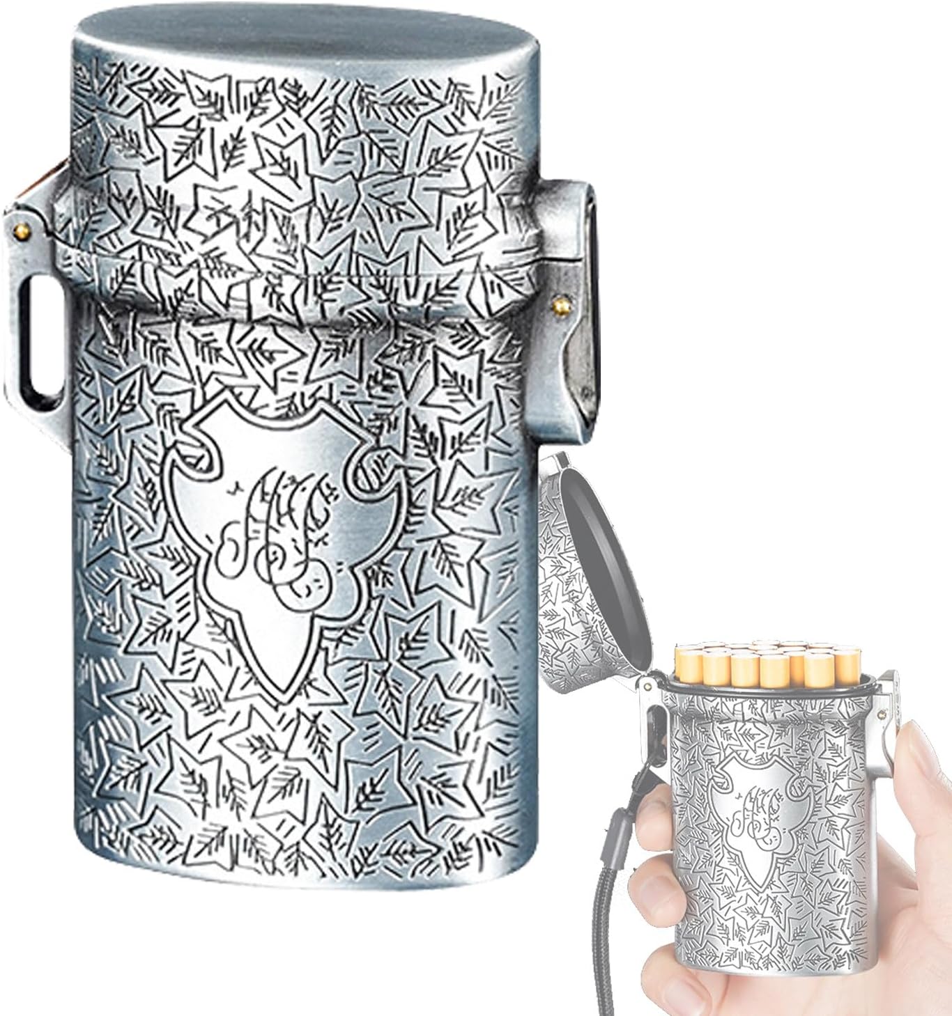 Retro European Cigarette Case with Three Capacity (20, 30 and 40 Cigarettes), Embossed Maple Leaf Design, Sealed and Moisture-Proof, with Portable Cord, Unisex, Silver