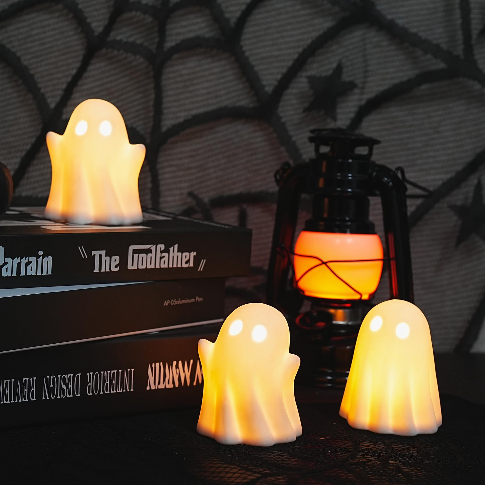 NEROSUN3 Pack Cute Ghost Light Up Halloween Decor, LED White Ceramic Spooky Flameless Lanterns Decorative Light Fall Halloween Party Decoration for Home Bedroom Room Table Shelf