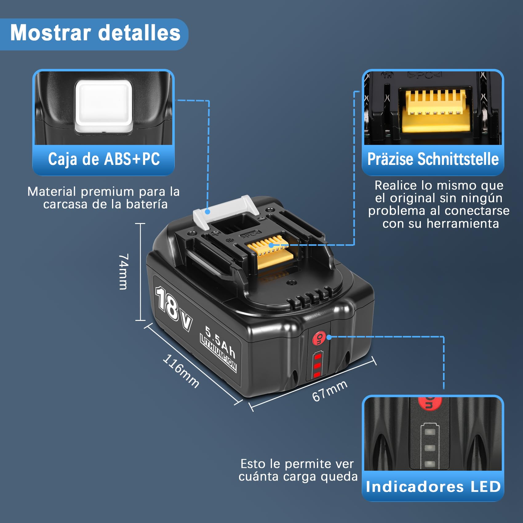 2Pcs 18V 5.5Ah BL1860B Batería de Repuesto para Makita 18V Batería | lithium bateria para makita 18 volt BL1850 BL1860 BL1860B BL1850B ,con Indicador LED, Recargable，Protección inteligente