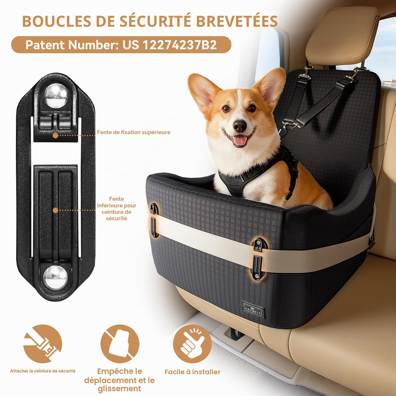 PETSFIT Siège Auto pour Chien, pour Chiens Petits/Moyens jusqu'à 15kg – Système de Sécurité Breveté, Coussin Mémoire de Forme 13cm, Housse Lavable, Coussin Double Face, Idéal pour Voyage– Noir & Gris