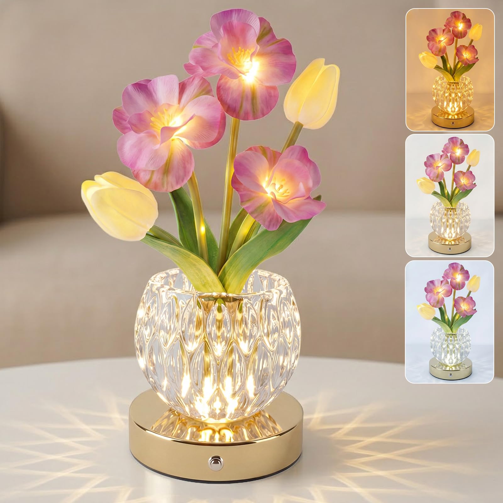 Plmmperation Flower Table Lamp, 3-Color Touch Dimming Tulip Glass Night Light, Rechargeable Artificial Flower Light, Desktop Ambient Light Romantic Gifts for Girls Women Mom (Pink - Sakura)