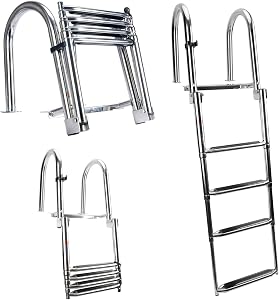 Stainless Steel 4 Steps Removable Folding Rear Entry Pontoon Boat Ladder with Extra Wide Step for Boat Yacht Dock