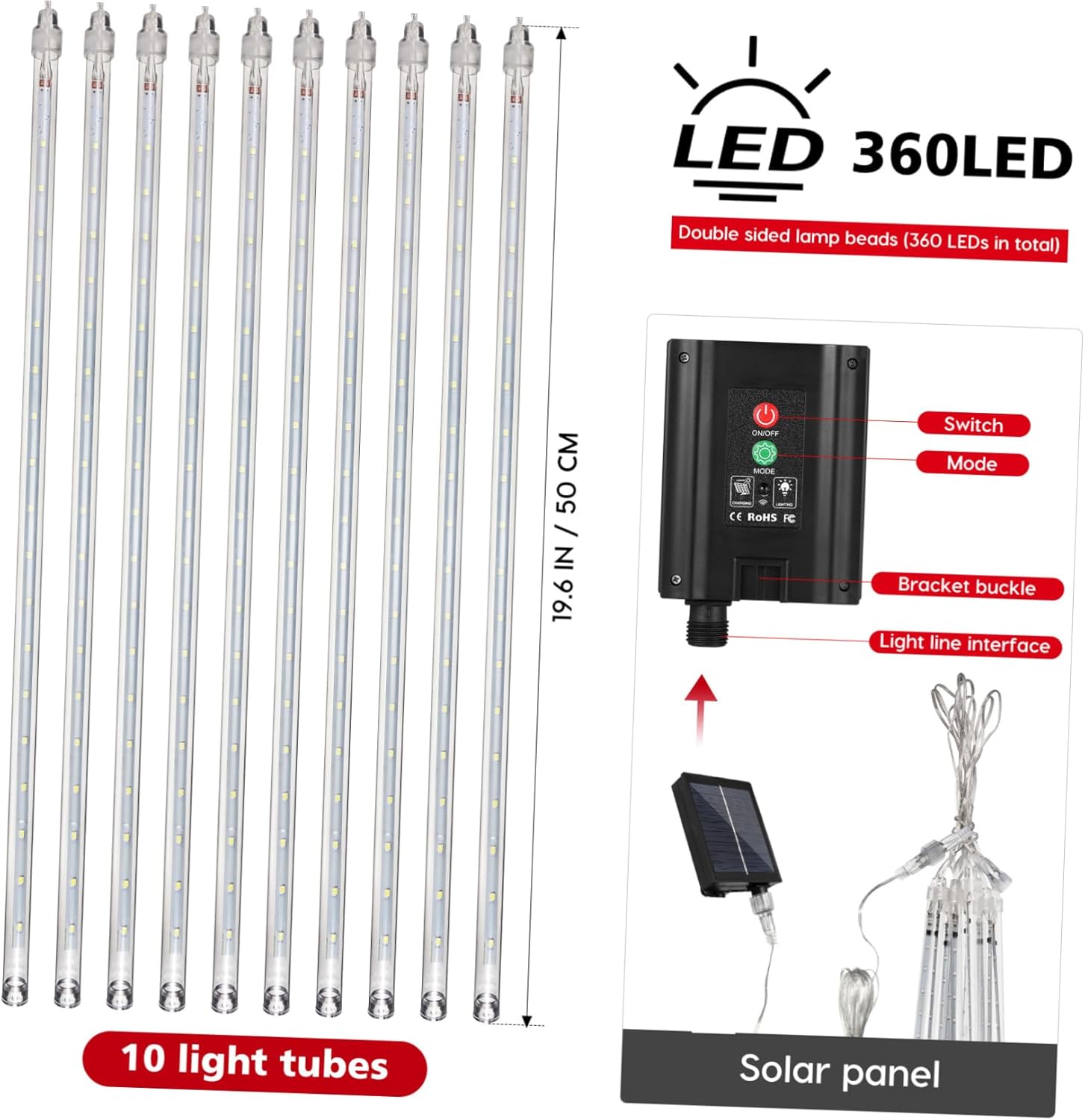 Gatuida 1Set LED Meteor Shower Lights Tube Solar Operated Outdoor String Lights with Remote Control Lighting Modes for Wedding Christmas Party Garden Decoration