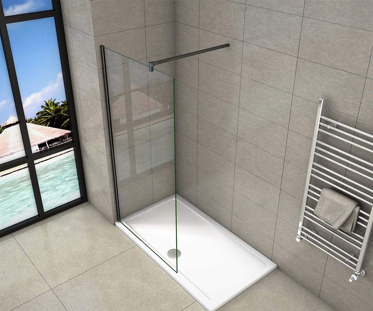 Parete Doccia Walk-In 100x200cm Vetro 8mm easy clean Barra Tagliabile: 90cm | Telaio Nero Opaco, Vetro Temperato, Stabilizzatrice
