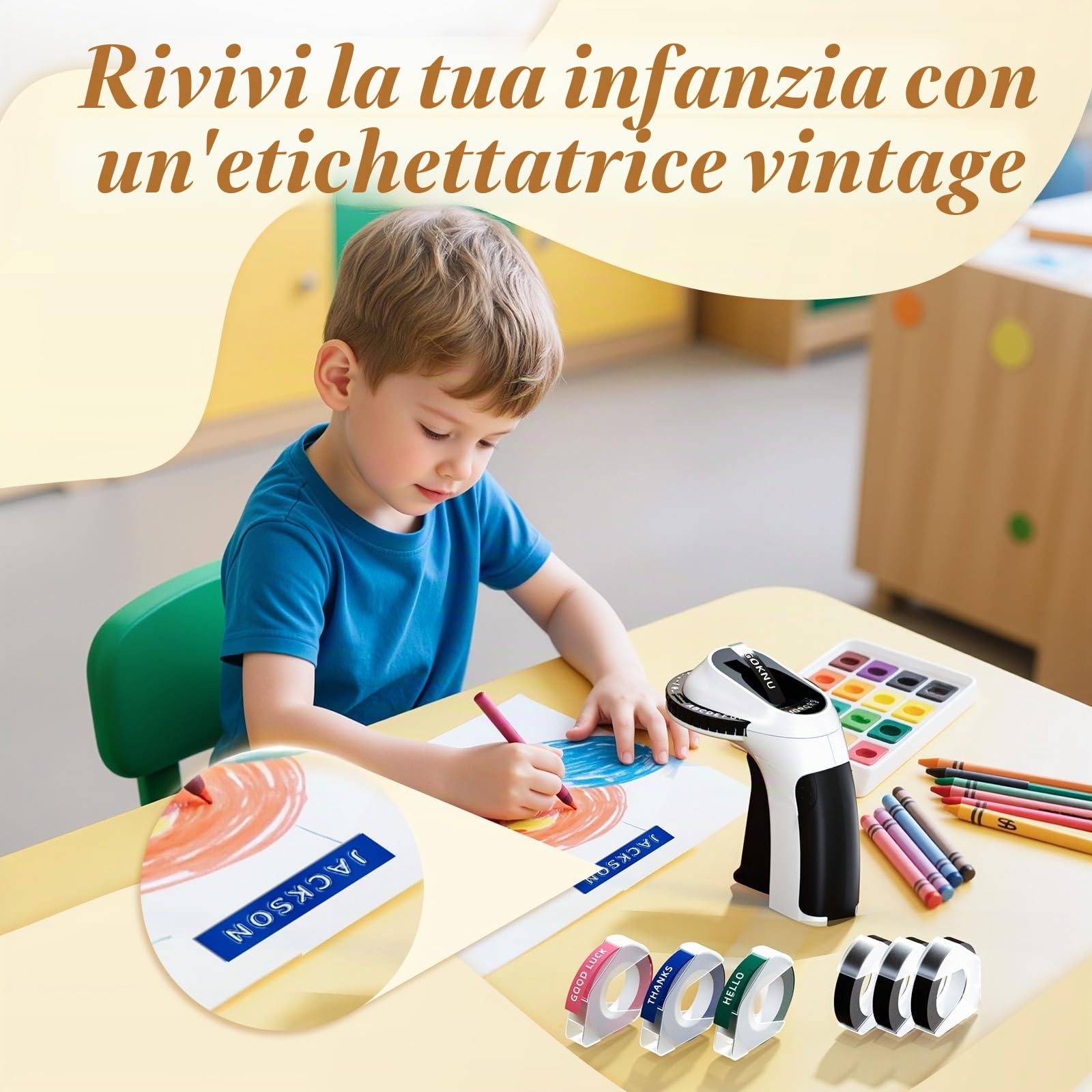Etichettatrice a Rilievo, 3D Etichettatrice Etichette Adesive Nero, Stampante Portatile E975, Macchina da Scrivere Omega con 6 Nastro design ergonomico con rotella a scatto per uso domestico