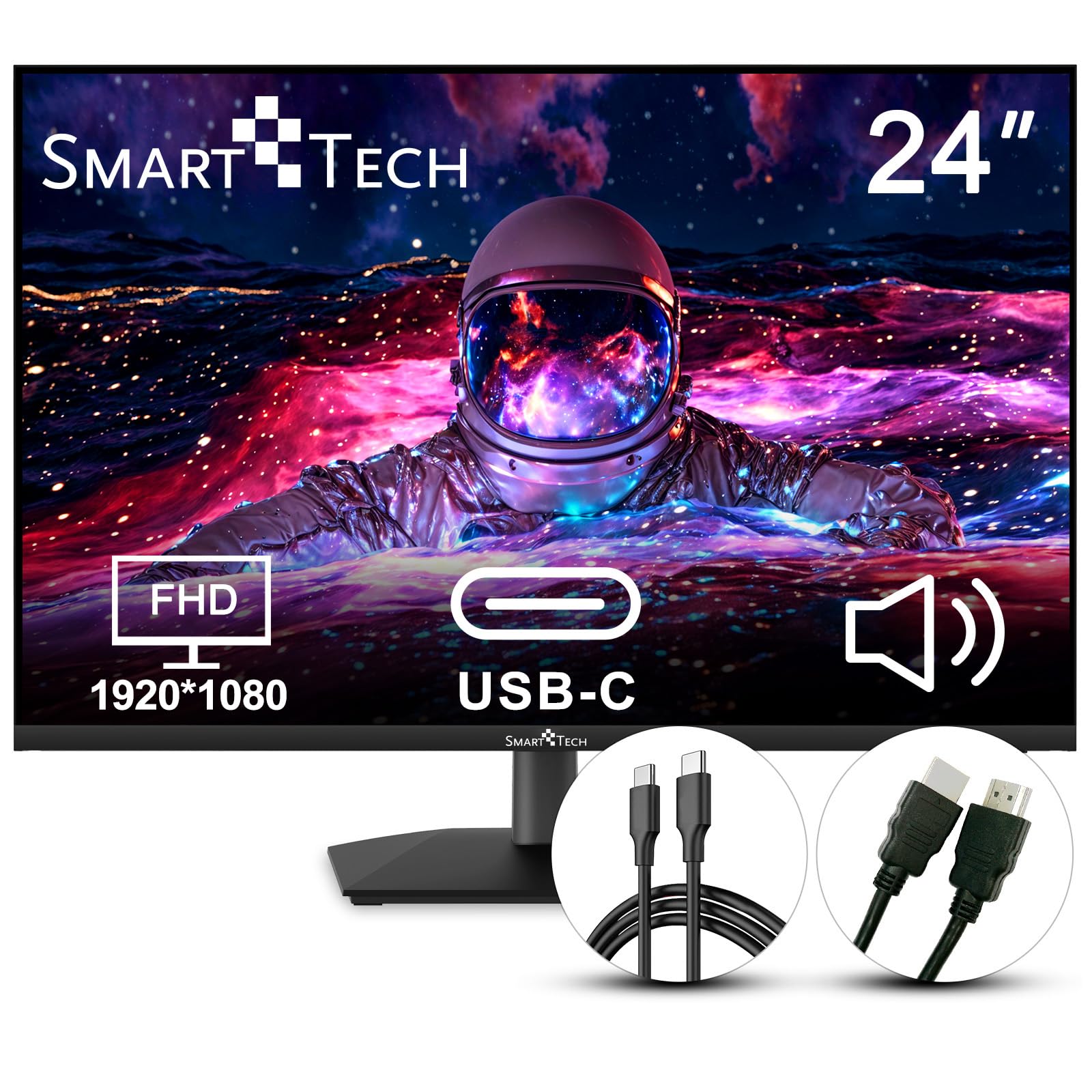 Smart Tech Monitor 24 Zoll, Business PC Bildschirm mit Lautsprecher, IPS Panel, FHD Monitor 1080p, Adaptive-Sync, 4ms, Eye Comfort, VESA 75x75, USB-C HDMI1.4 VGA