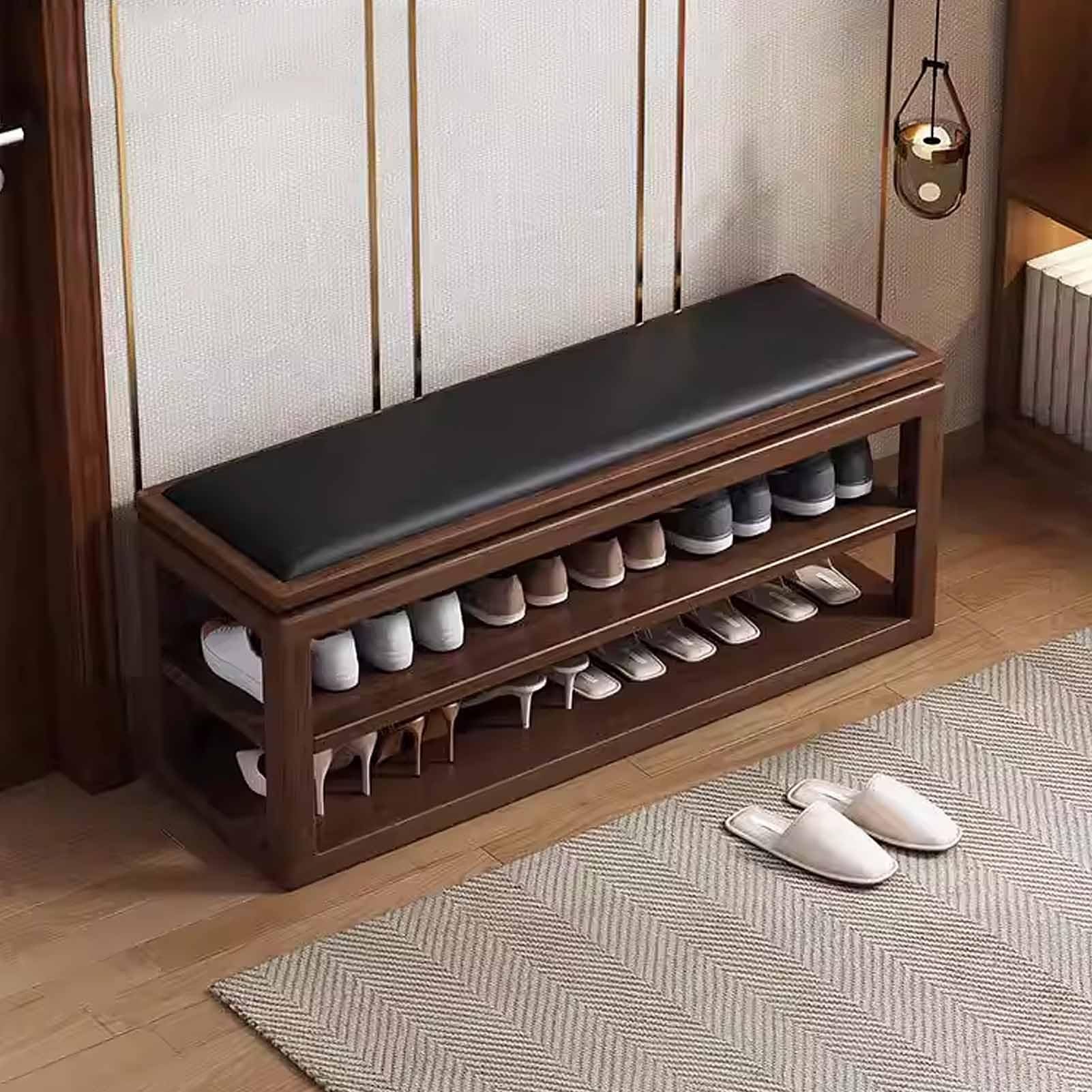 Banc à chaussures en bois massif meuble rangement entrée étagère noyer et coussin noir 120cm